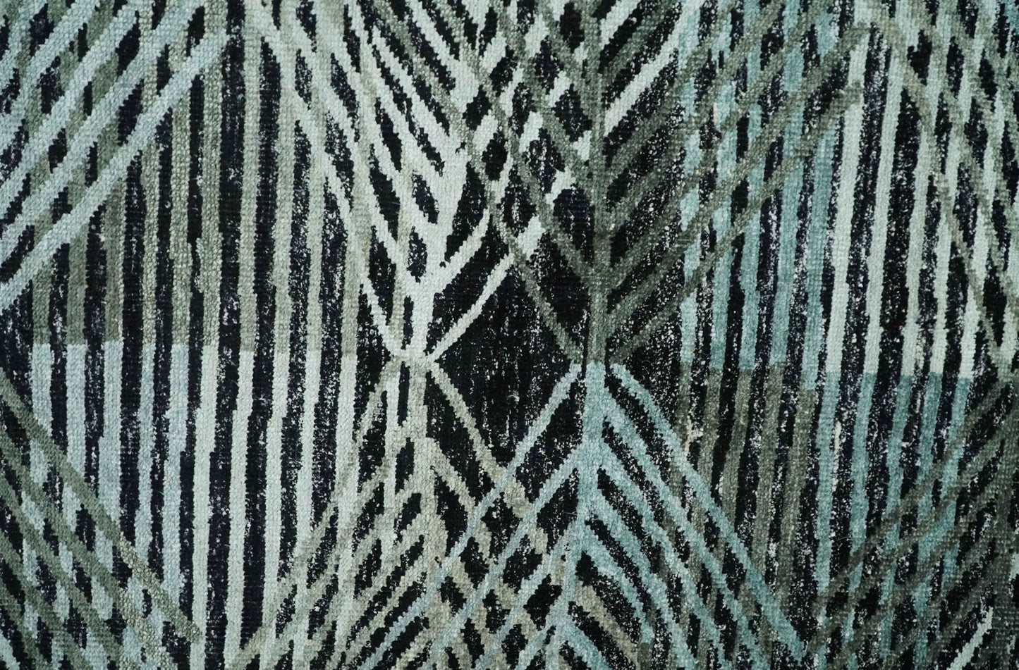 5x8 Hand Knotted Black, Ivory and Teal Modern Style Contemporary Recycled Silk Area Rug | OP119