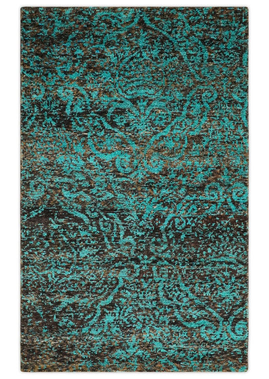 5x8 Hand Knotted Blue and Brown Modern Persian Style Contemporary Recycled Silk Area Rug | OP103