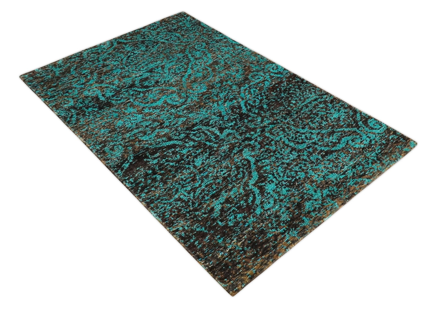 5x8 Hand Knotted Blue and Brown Modern Persian Style Contemporary Recycled Silk Area Rug | OP103