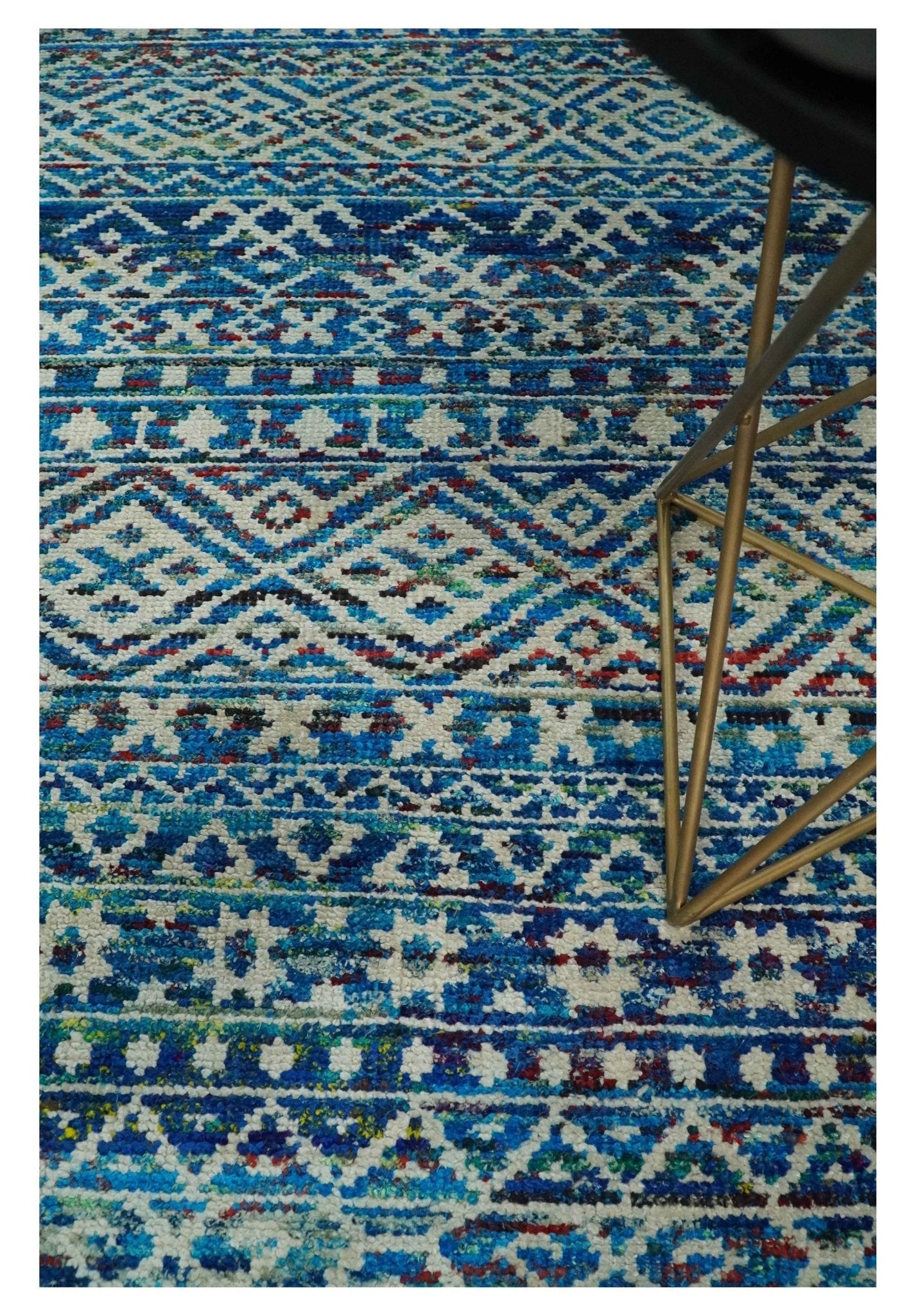 5x8 Hand Knotted Blue and Ivory Modern Contemporary Southwestern Tribal Trellis Recycled Silk Area Rug | OP80