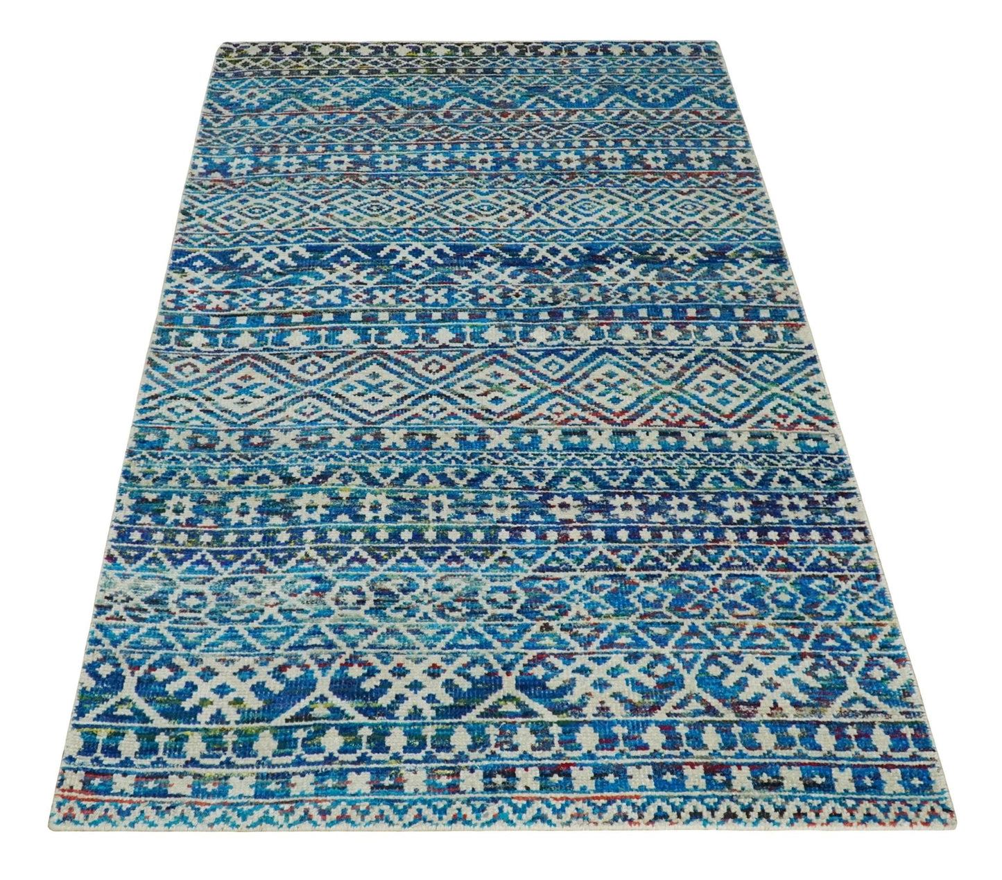 5x8 Hand Knotted Blue and Ivory Modern Contemporary Southwestern Tribal Trellis Recycled Silk Area Rug | OP80