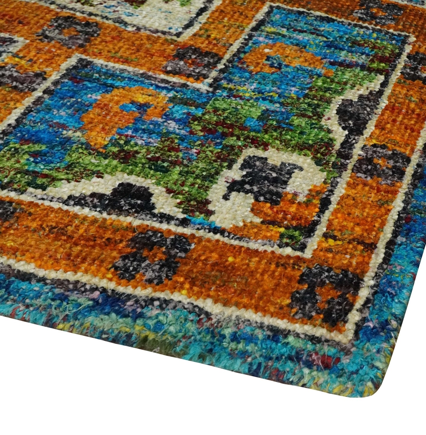 5x8 Hand Knotted Blue, Ivory and Gold Modern Persian made of Recycled Silk Area Rug | OP81