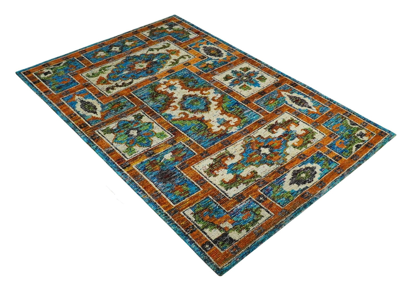 5x8 Hand Knotted Blue, Ivory and Gold Modern Persian made of Recycled Silk Area Rug | OP81