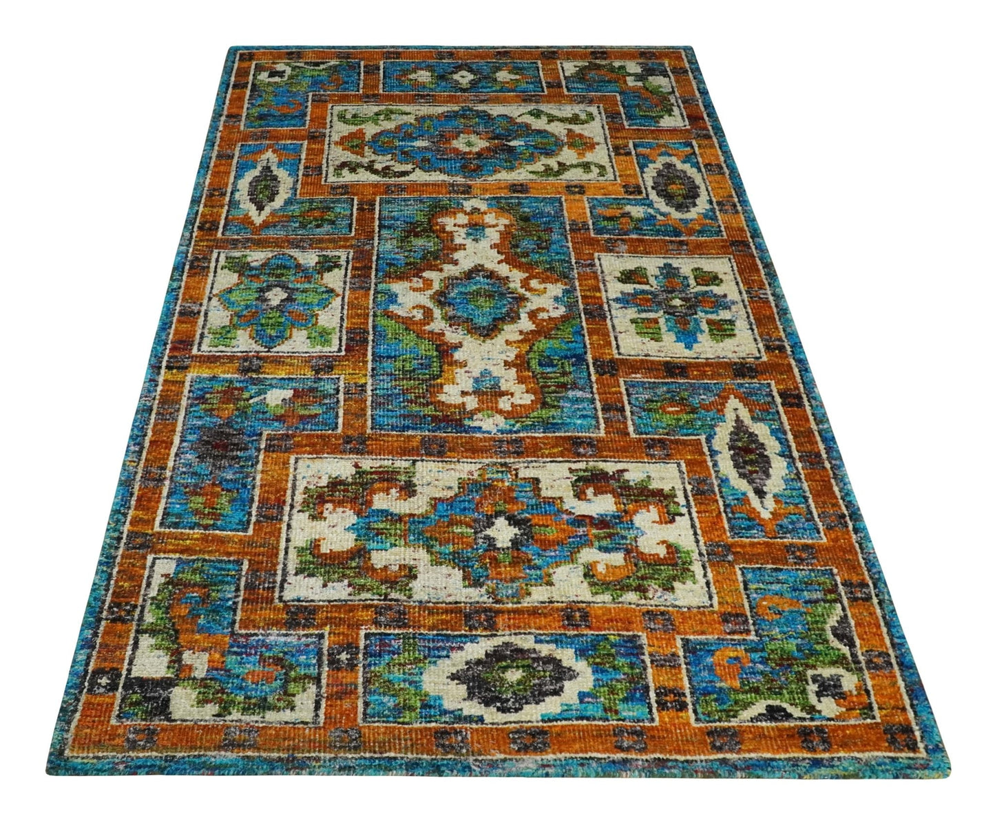 5x8 Hand Knotted Blue, Ivory and Gold Modern Persian made of Recycled Silk Area Rug | OP81