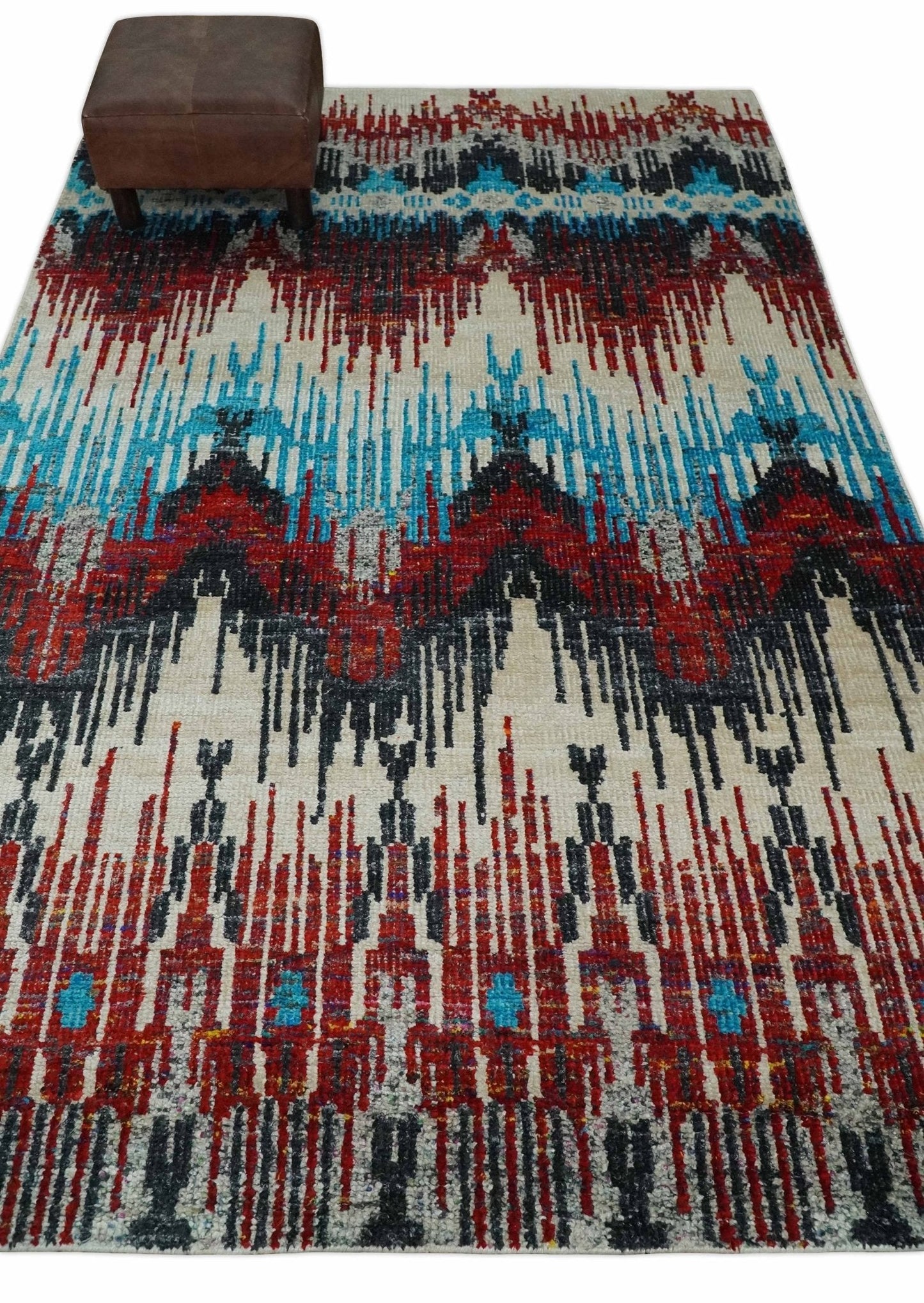 5x8 Hand Knotted Ivory, Blue and Maroon Modern Abstract Contemporary Recycled Silk Area Rug | OP99