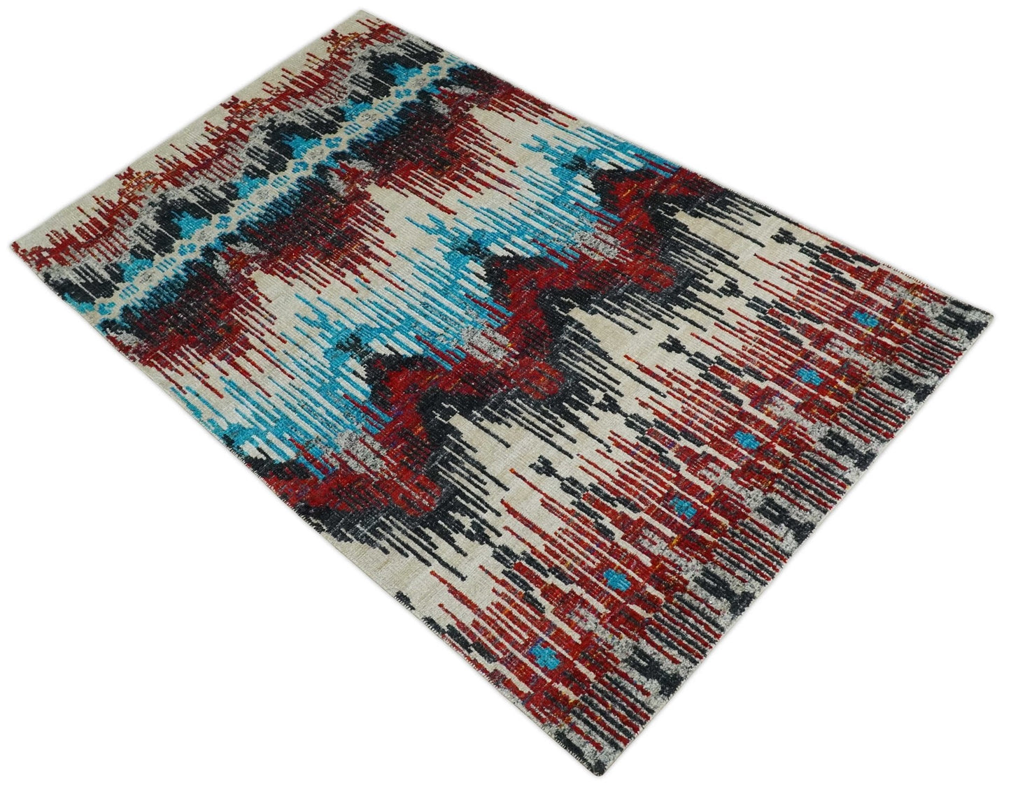 5x8 Hand Knotted Ivory, Blue and Maroon Modern Abstract Contemporary Recycled Silk Area Rug | OP99