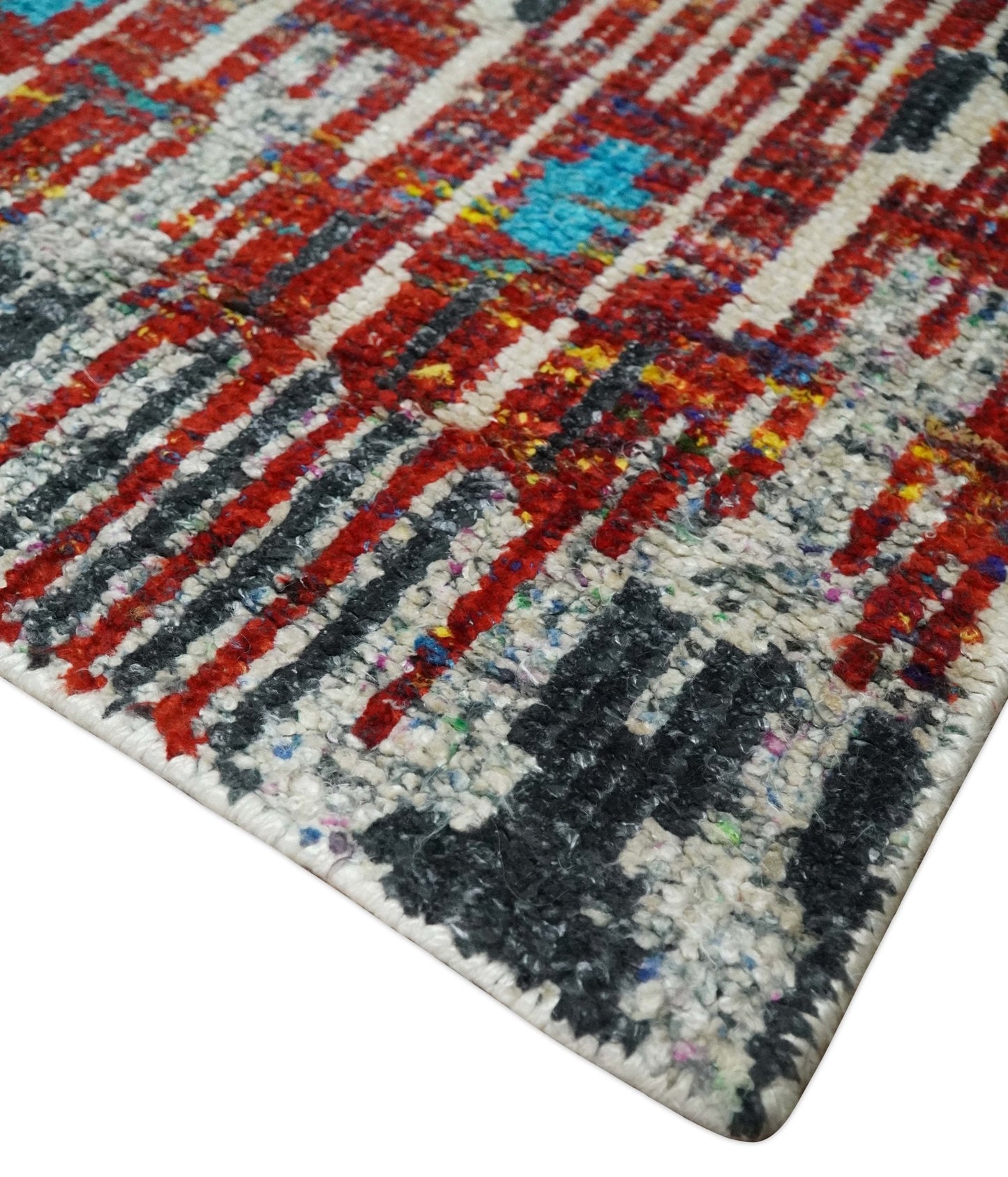 5x8 Hand Knotted Ivory, Blue and Maroon Modern Abstract Contemporary Recycled Silk Area Rug | OP99