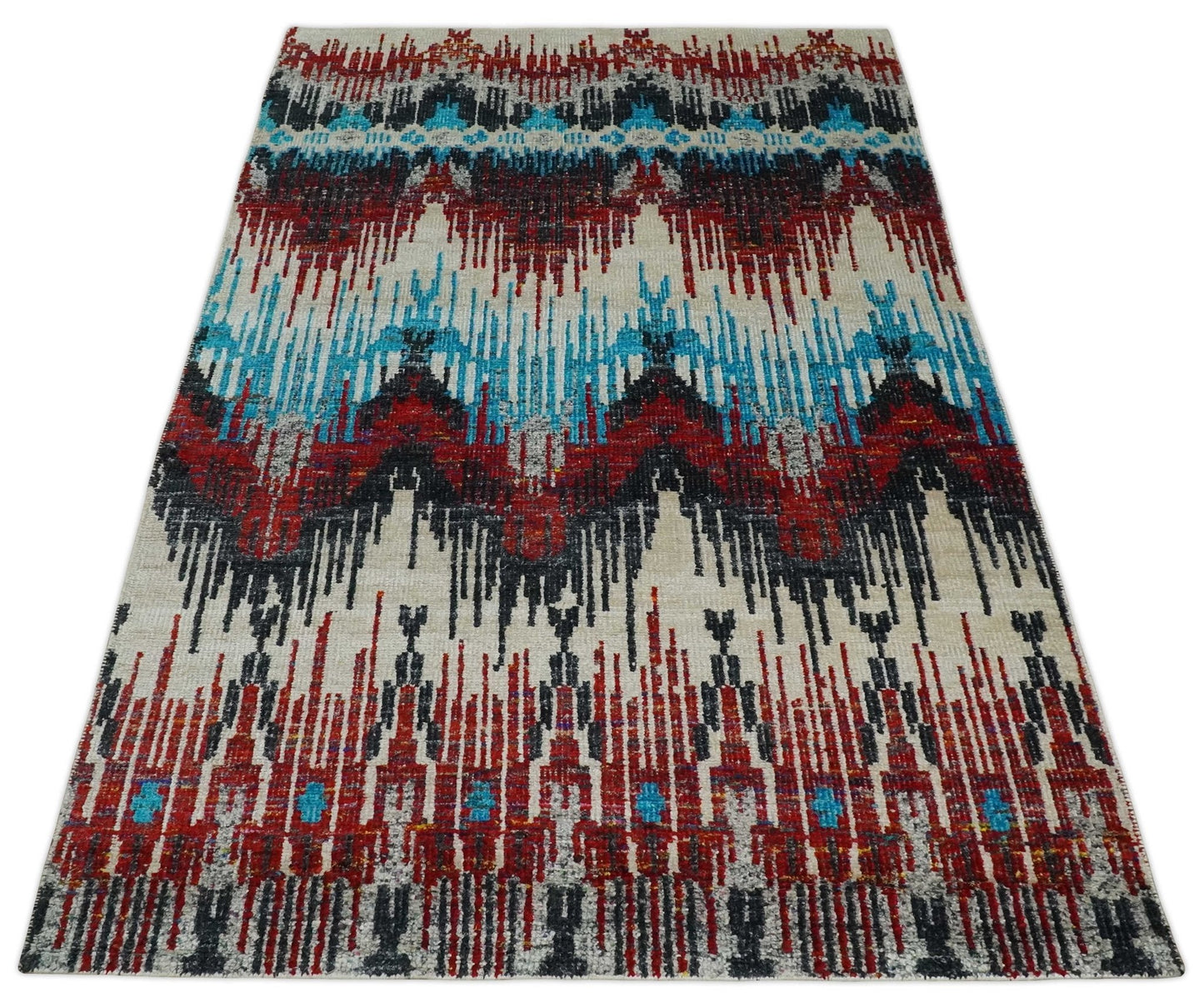 5x8 Hand Knotted Ivory, Blue and Maroon Modern Abstract Contemporary Recycled Silk Area Rug | OP99