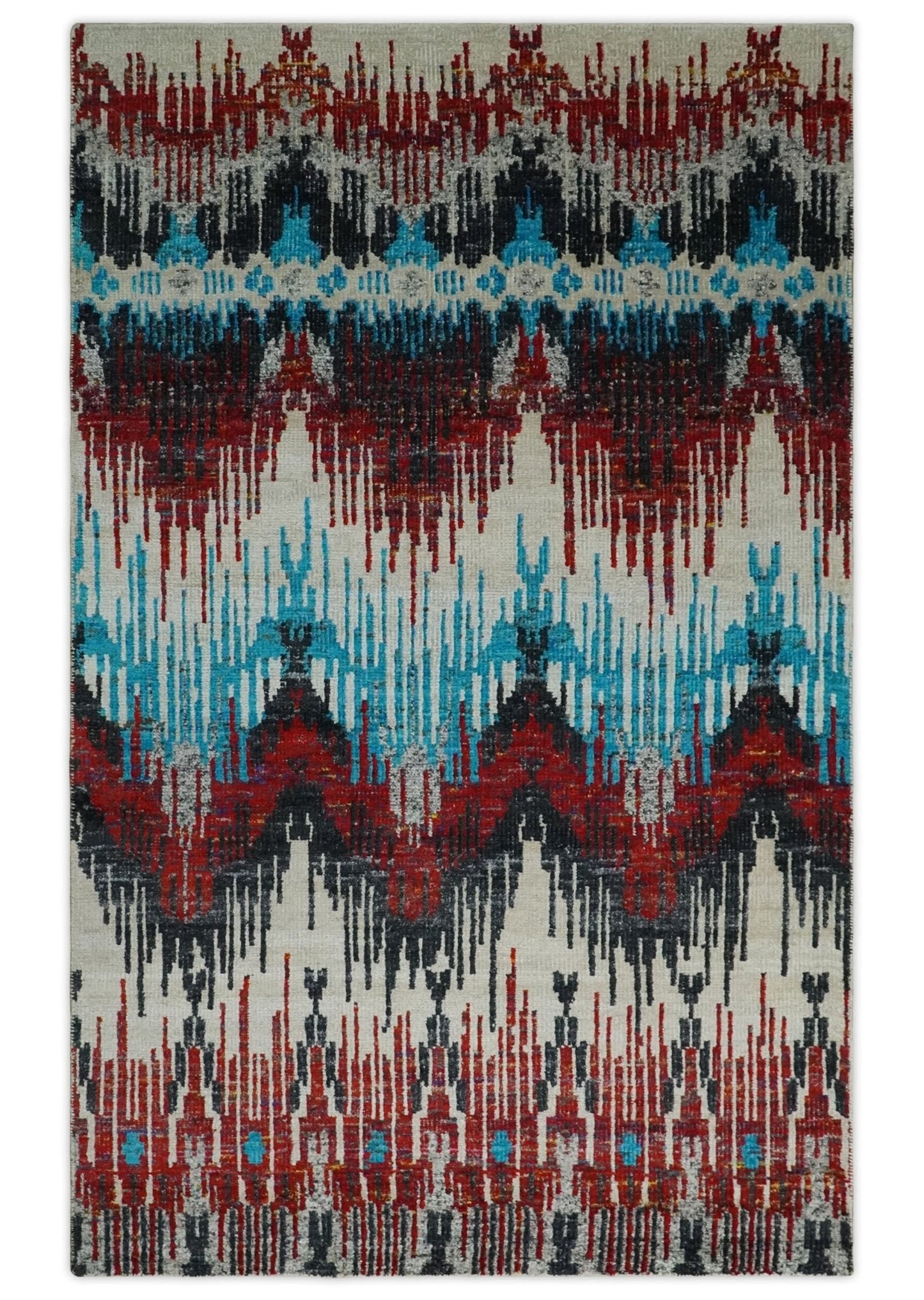 5x8 Hand Knotted Ivory, Blue and Maroon Modern Abstract Contemporary Recycled Silk Area Rug | OP99