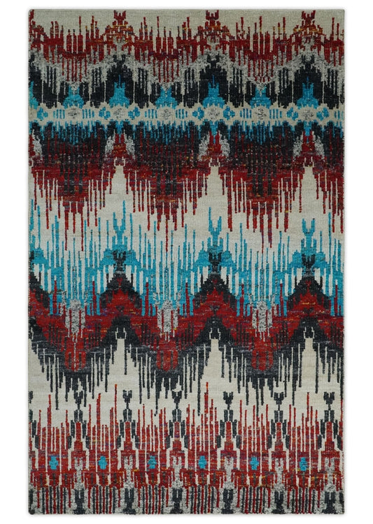 5x8 Hand Knotted Ivory, Blue and Maroon Modern Abstract Contemporary Recycled Silk Area Rug | OP99