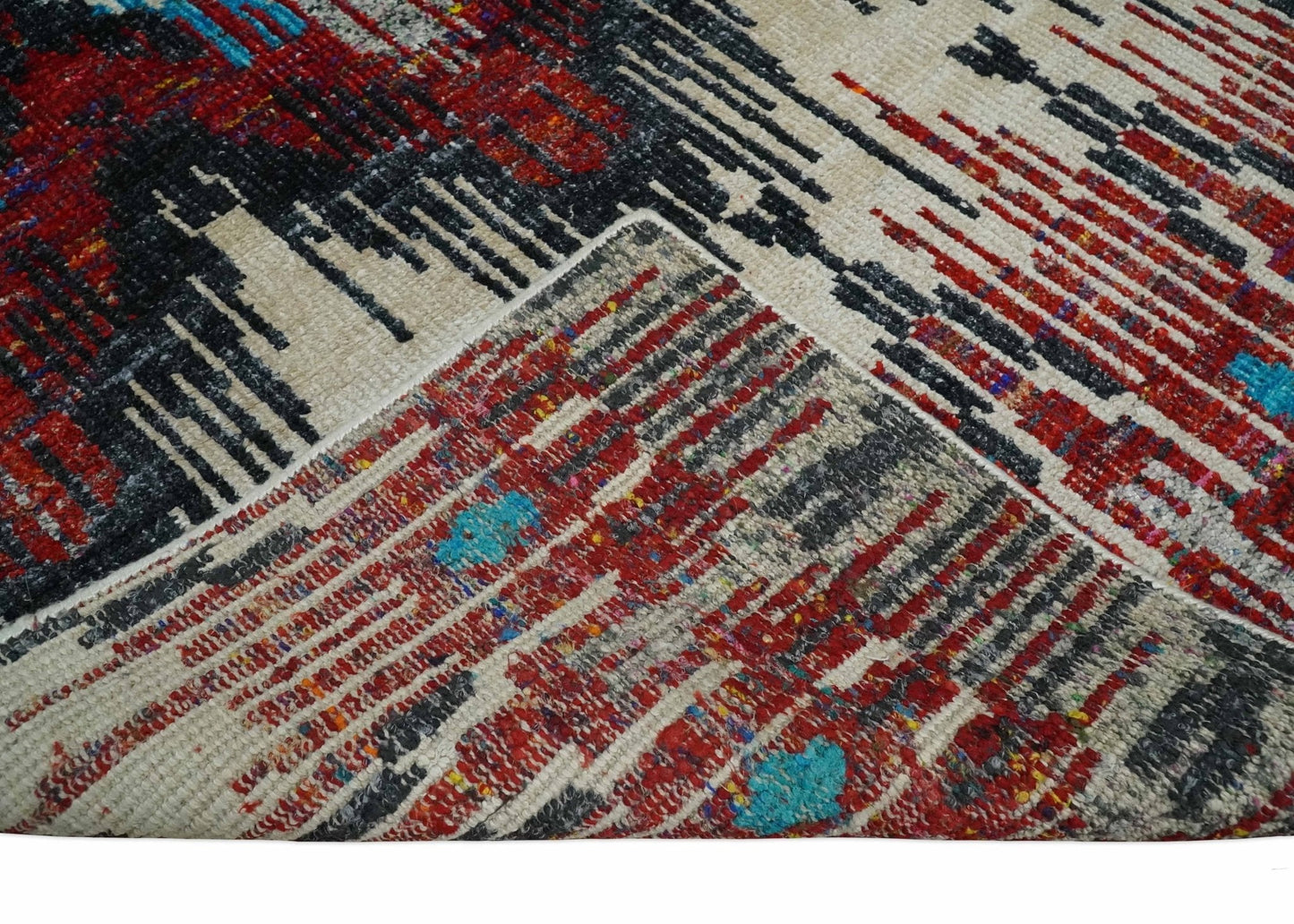 5x8 Hand Knotted Ivory, Blue and Maroon Modern Abstract Contemporary Recycled Silk Area Rug | OP99