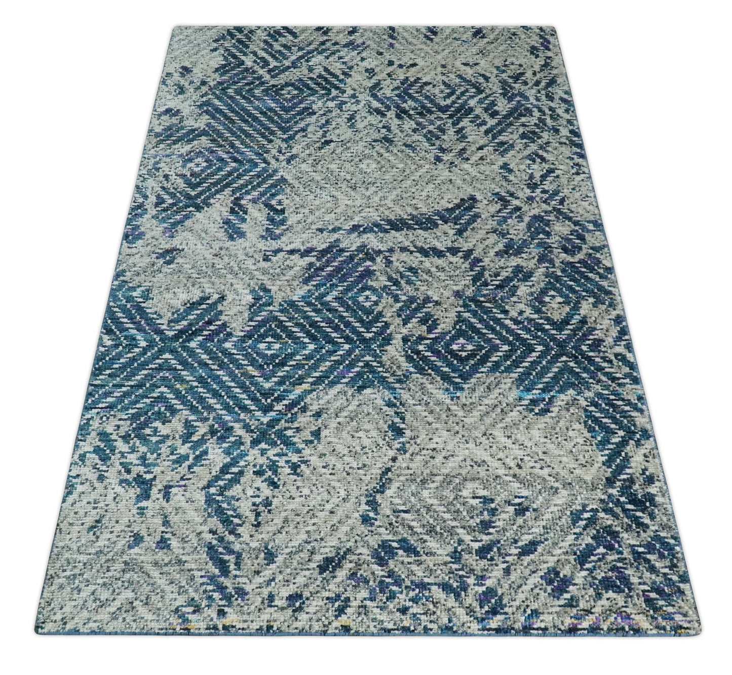 5x8 Hand Knotted Ivory, Blue and Teal Modern Geometric Contemporary Recycled Silk Area Rug | OP102