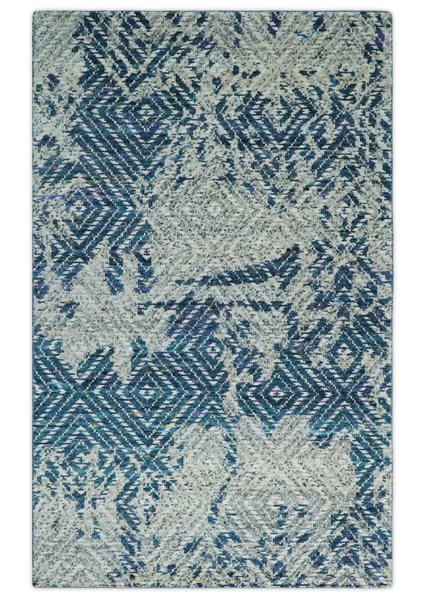 5x8 Hand Knotted Ivory, Blue and Teal Modern Geometric Contemporary Recycled Silk Area Rug | OP102