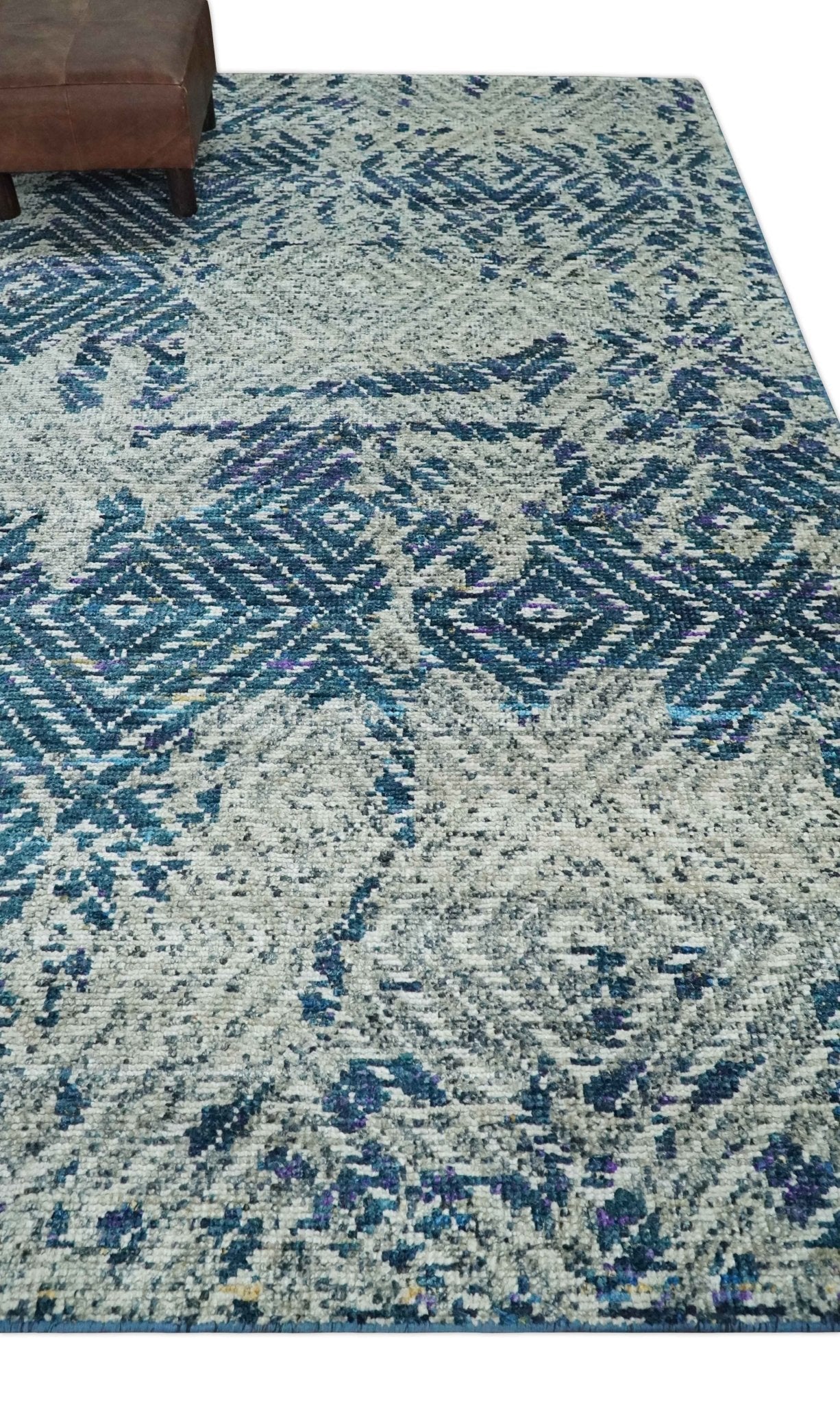 5x8 Hand Knotted Ivory, Blue and Teal Modern Geometric Contemporary Recycled Silk Area Rug | OP102