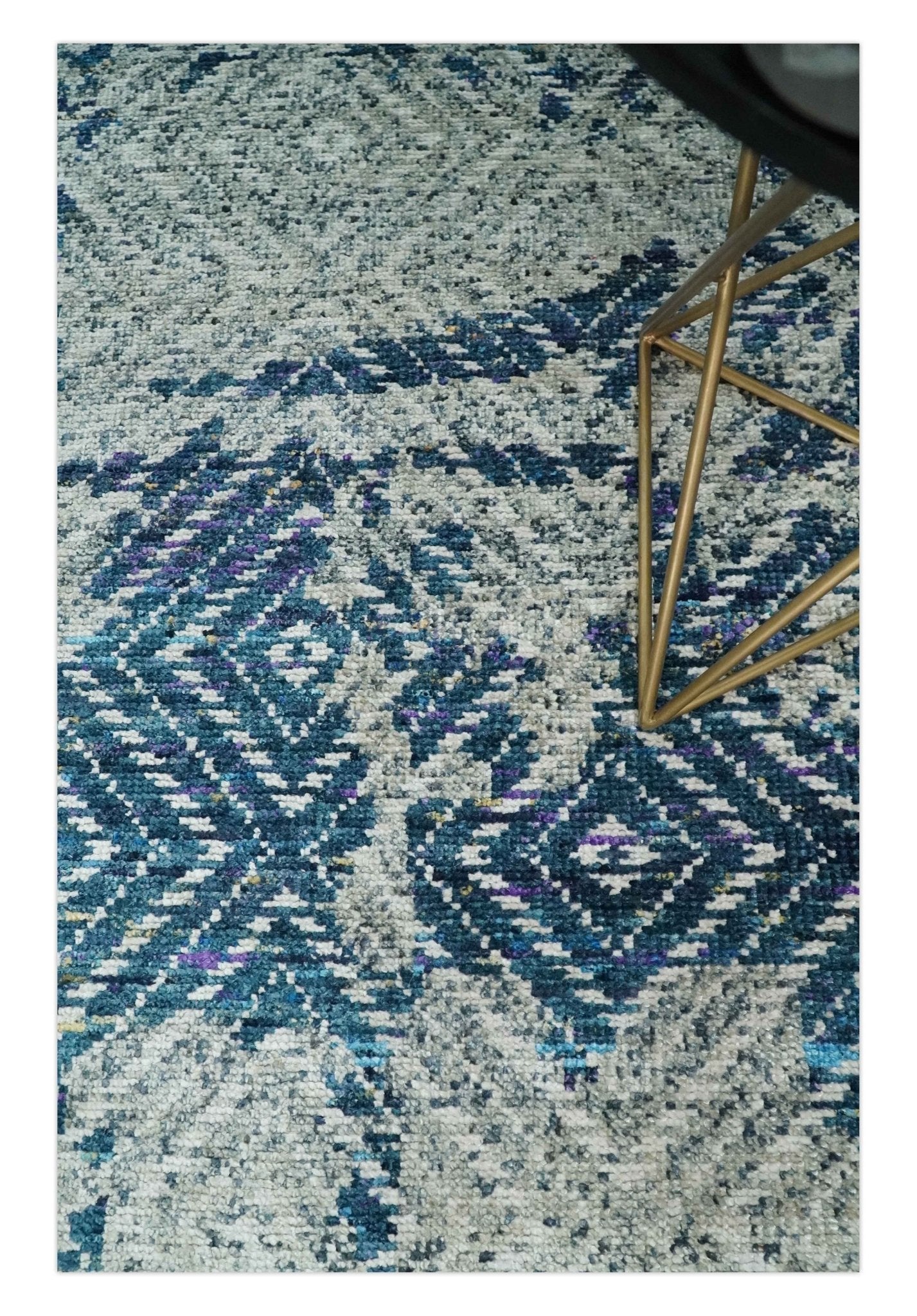 5x8 Hand Knotted Ivory, Blue and Teal Modern Geometric Contemporary Recycled Silk Area Rug | OP102