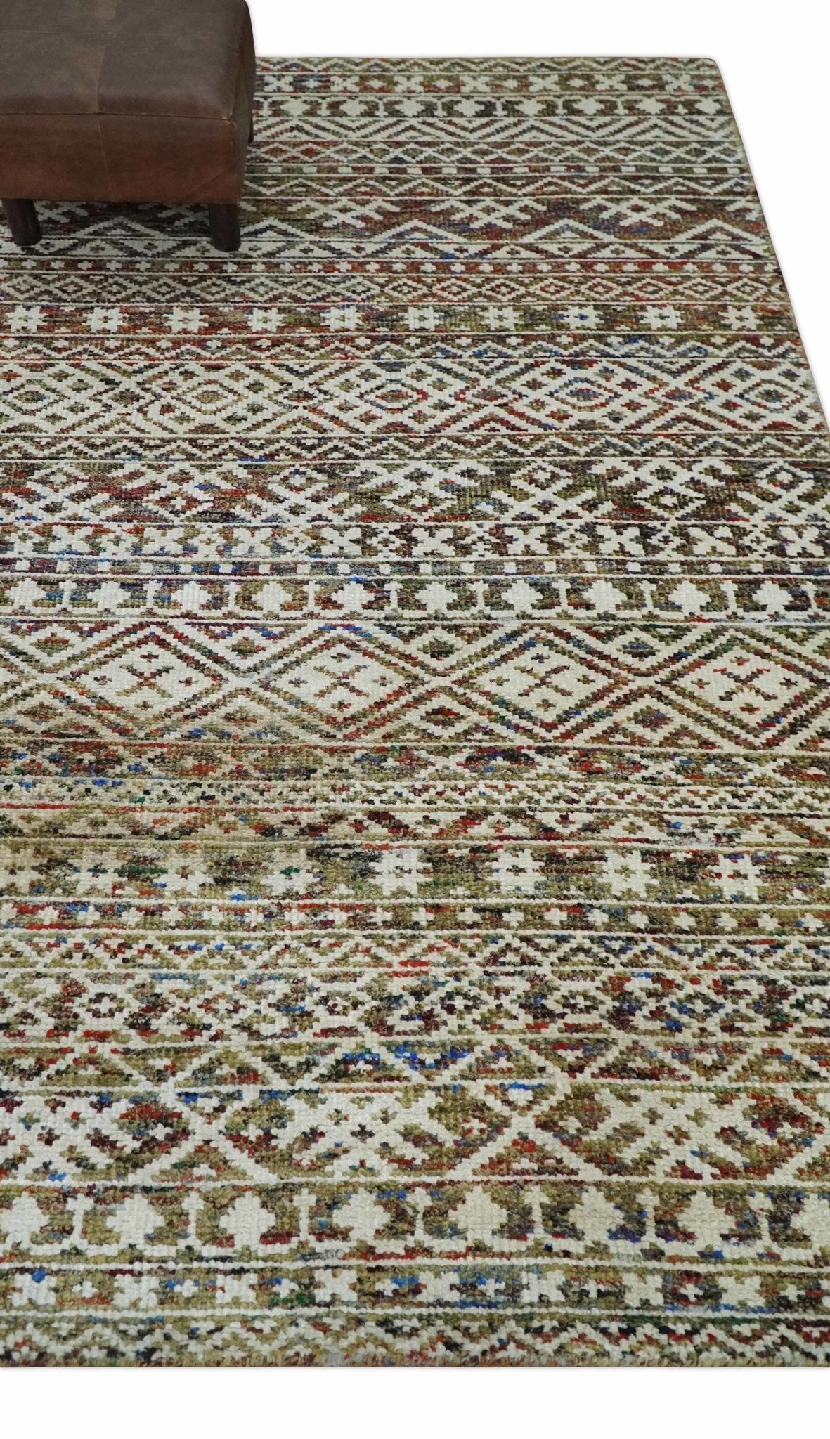 5x8 Hand Knotted Ivory, Olive and Rust Modern Contemporary Southwestern Tribal Trellis Recycled Silk Area Rug | OP121