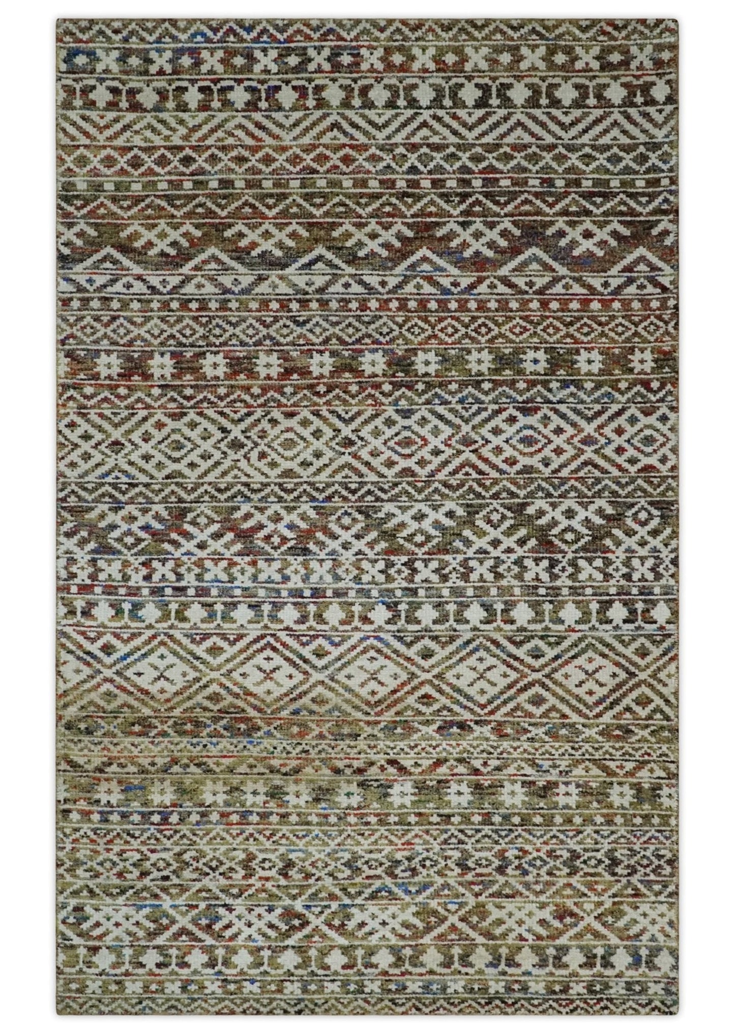 5x8 Hand Knotted Ivory, Olive and Rust Modern Contemporary Southwestern Tribal Trellis Recycled Silk Area Rug | OP121