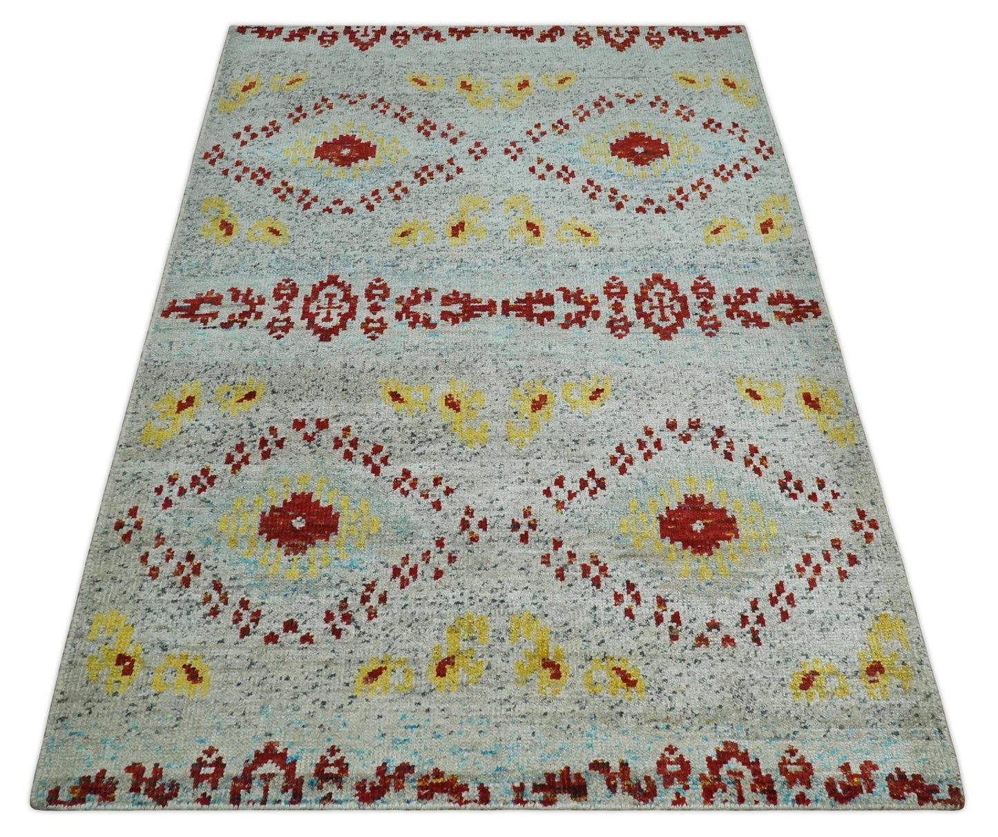 5x8 Hand Knotted Ivory, Red and Yellow Persian made of Recycled Silk Area Rug | OP95