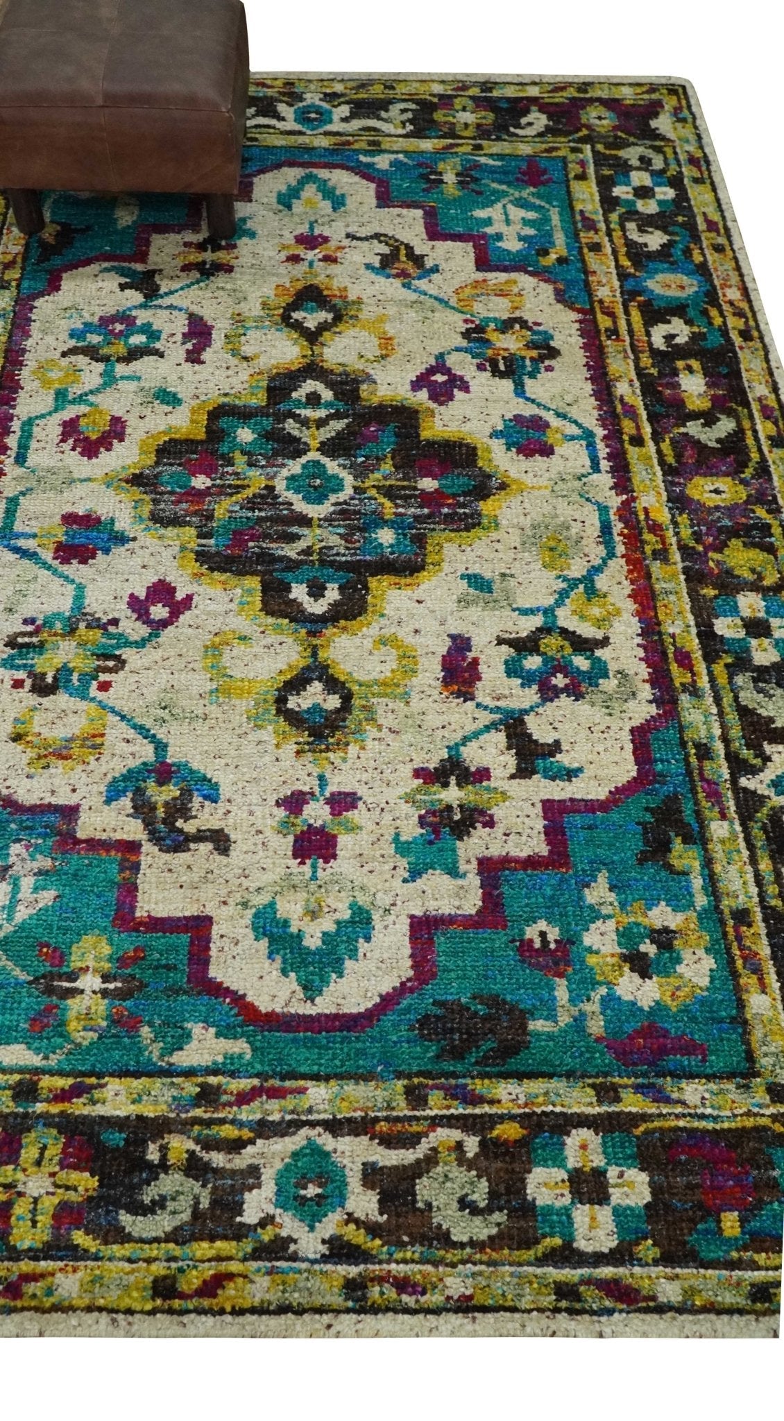 5x8 Hand Knotted Ivory, Teal Blue and Brown Antique Persian Style Contemporary Bamboo Silk Area Rug | OP76