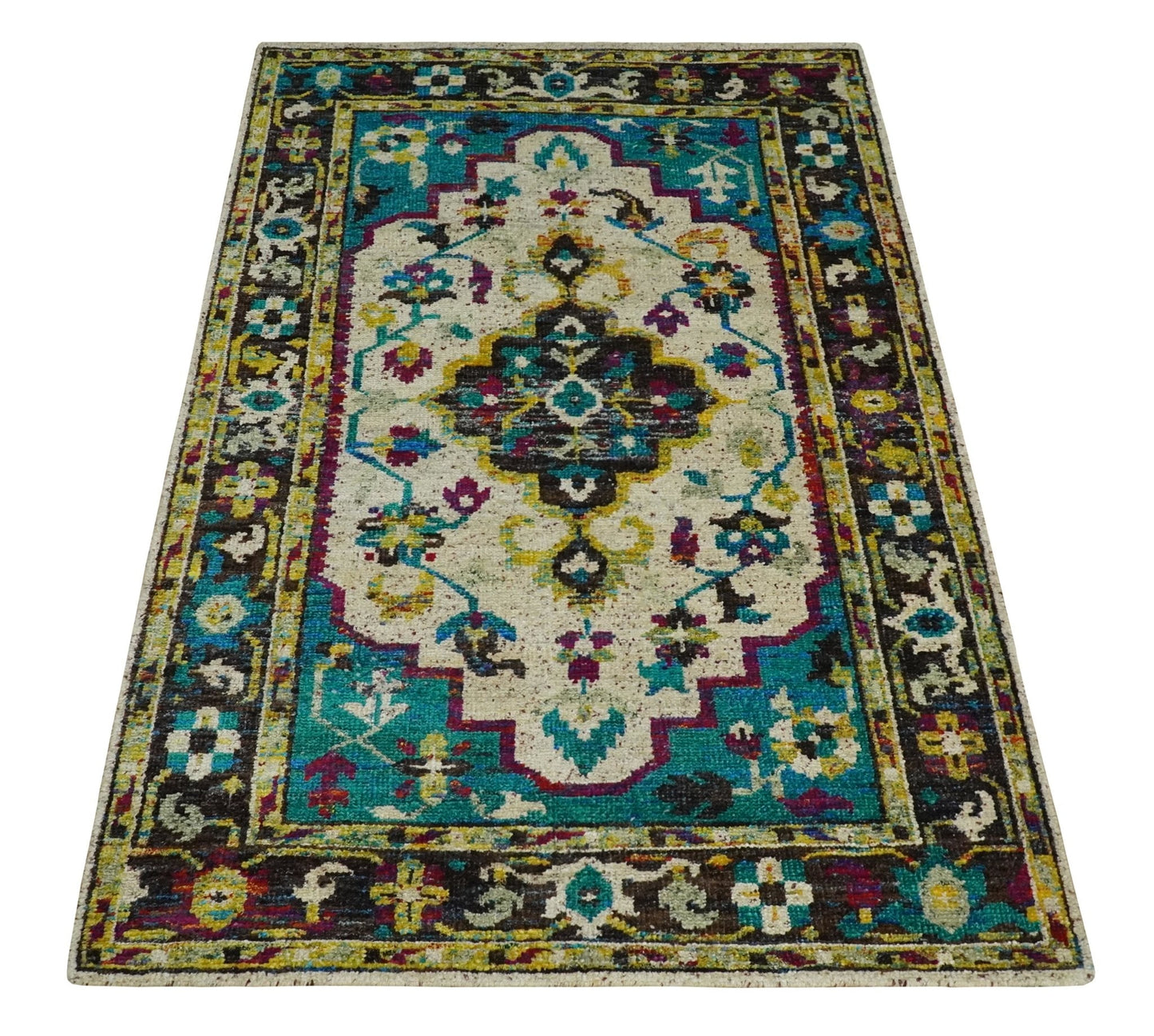 5x8 Hand Knotted Ivory, Teal Blue and Brown Antique Persian Style Contemporary Bamboo Silk Area Rug | OP76