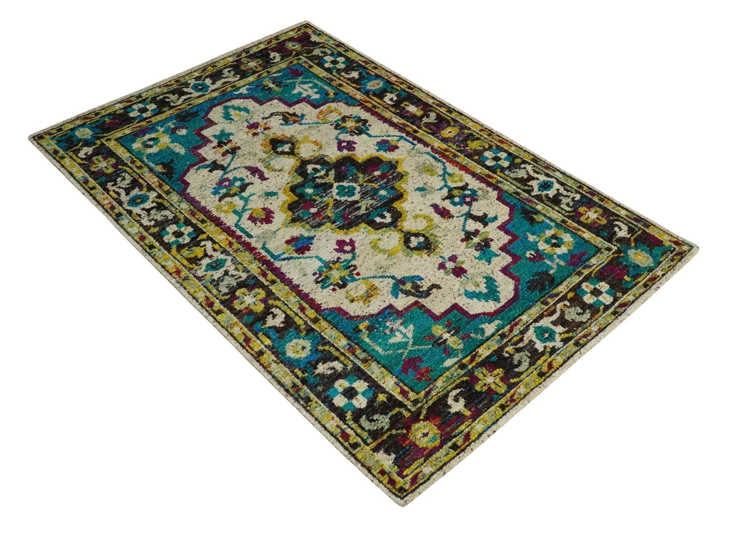 5x8 Hand Knotted Ivory, Teal Blue and Brown Antique Persian Style Contemporary Bamboo Silk Area Rug | OP76