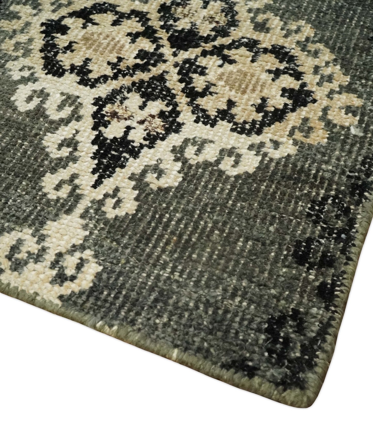 5x8 Hand Knotted Moss Green, Beige and Black  Antique Persian Style Contemporary Recycled Silk Area Rug | OP73