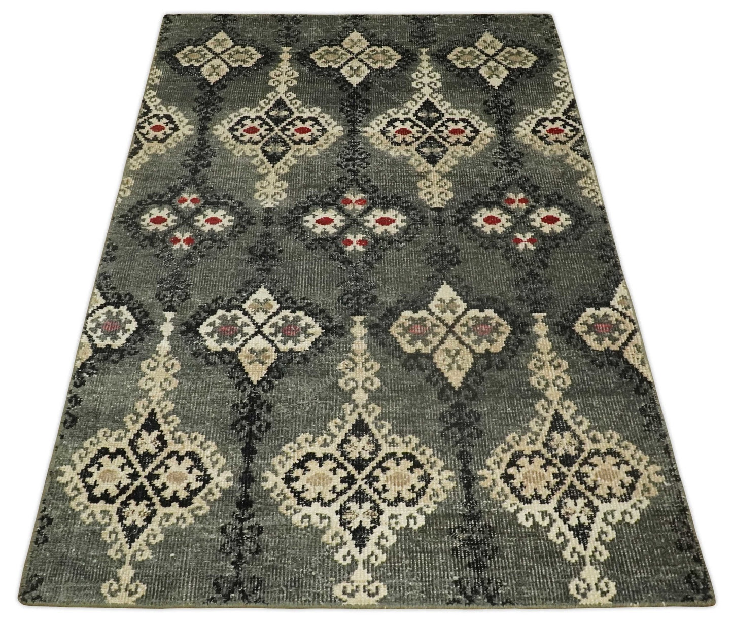 5x8 Hand Knotted Moss Green, Beige and Black  Antique Persian Style Contemporary Recycled Silk Area Rug | OP73