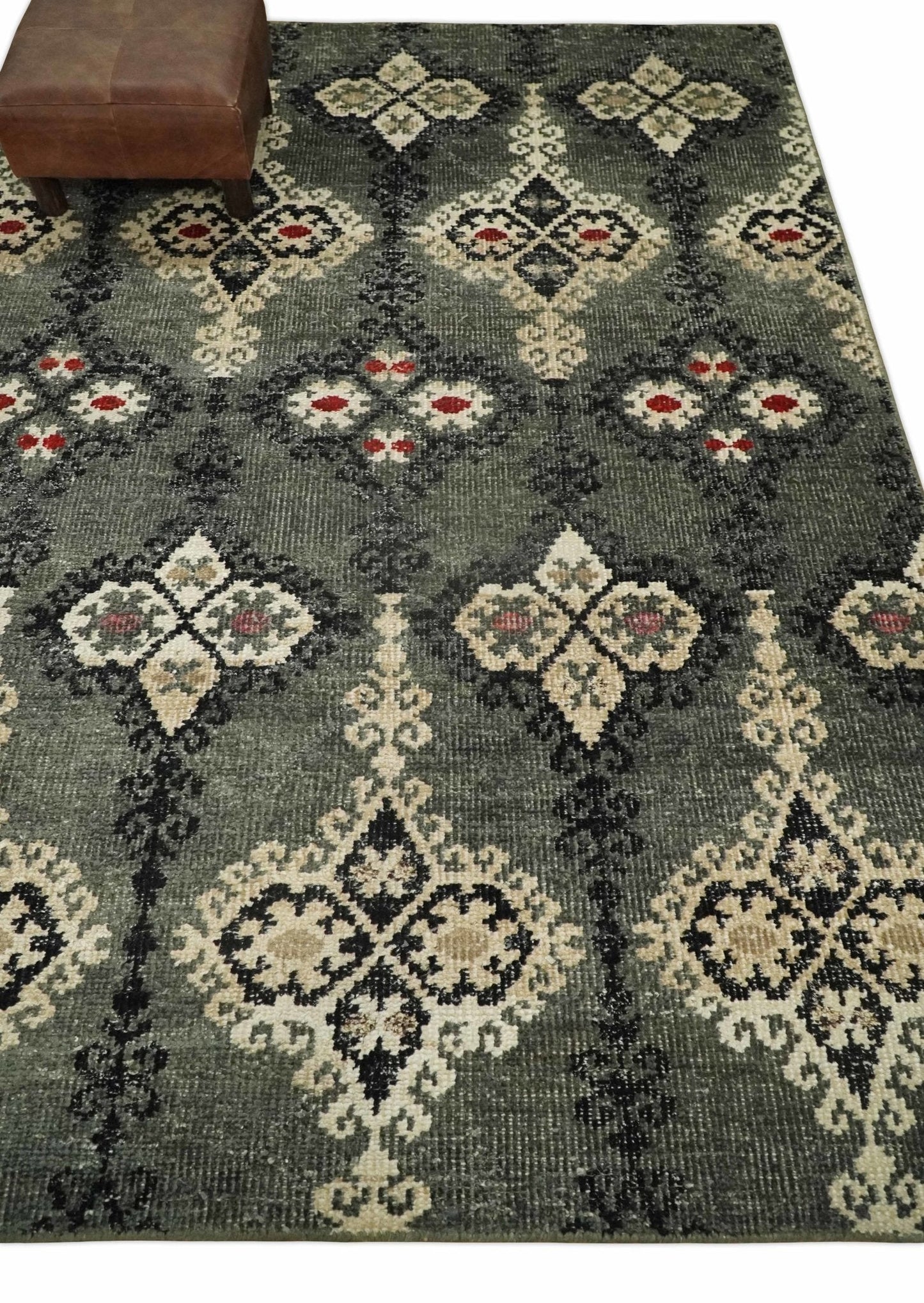 5x8 Hand Knotted Moss Green, Beige and Black  Antique Persian Style Contemporary Recycled Silk Area Rug | OP73