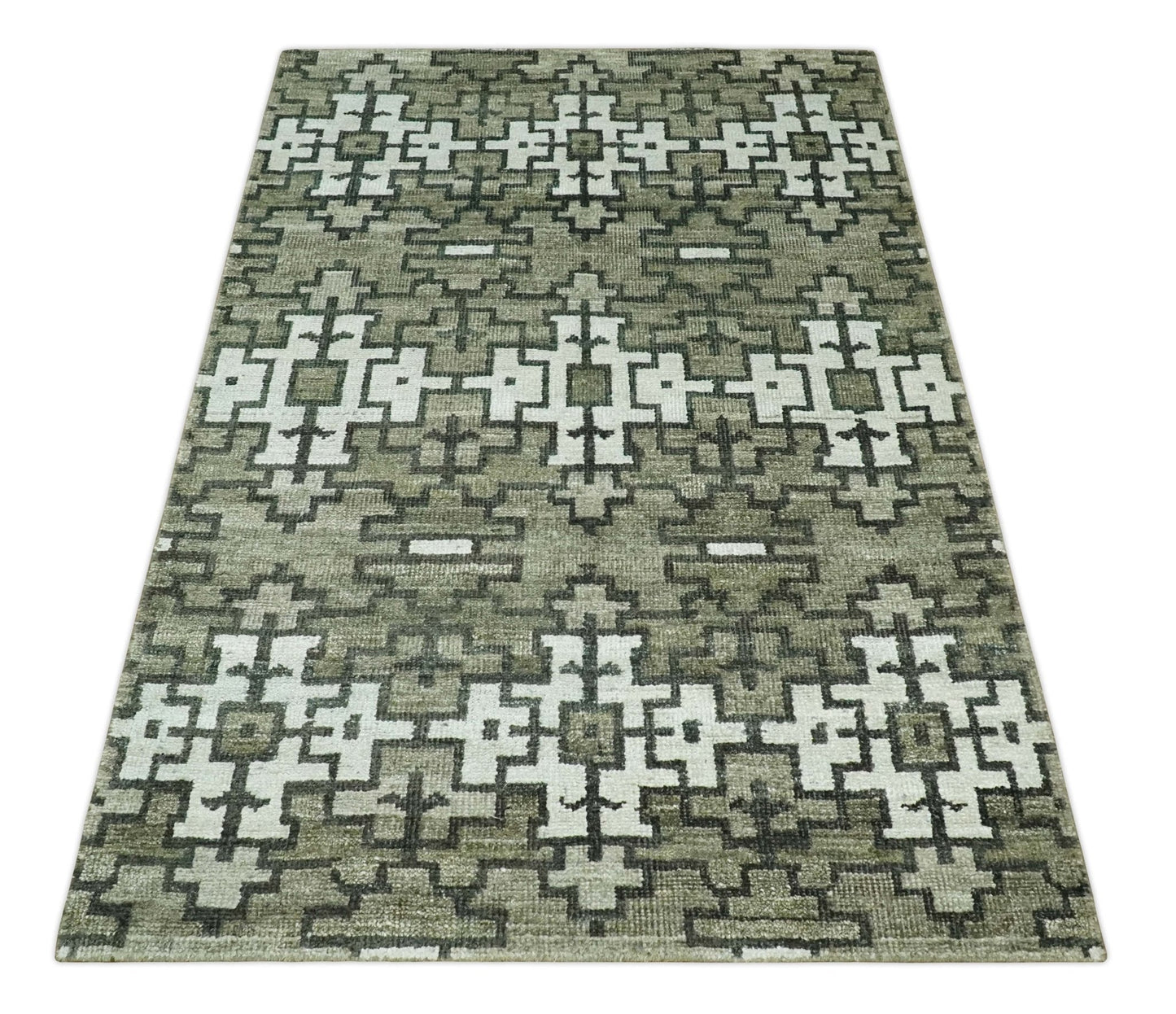 5x8 Hand Knotted Gray, Charcoal and Ivory Modern Contemporary Southwestern Tribal Trellis Recycled Silk Area Rug | OP124