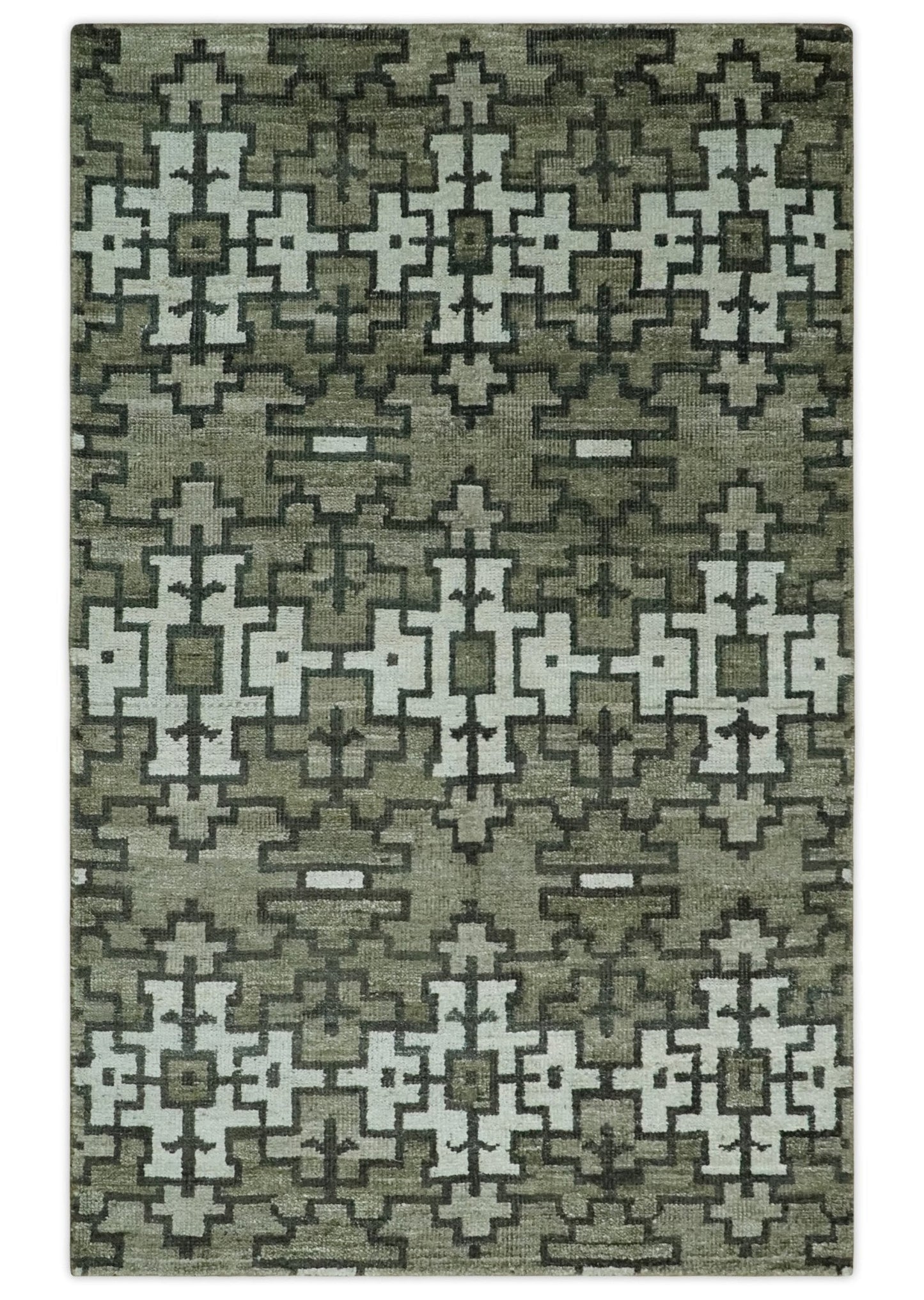 5x8 Hand Knotted Gray, Charcoal and Ivory Modern Contemporary Southwestern Tribal Trellis Recycled Silk Area Rug | OP124