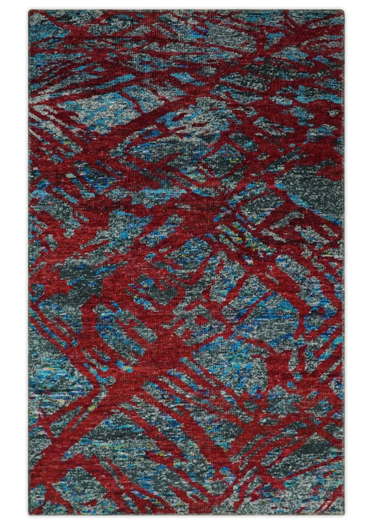 5x8 Hand Knotted Maroon, Gray and Blue Modern Abstract Contemporary Recycled Silk Area Rug | OP128