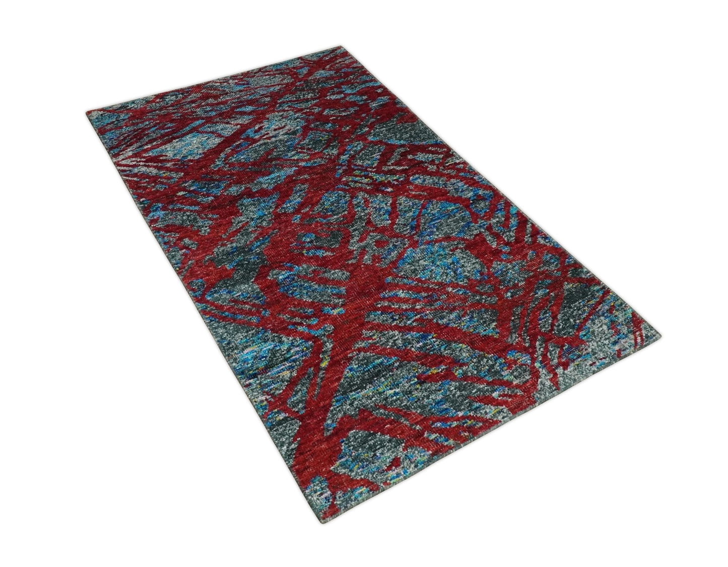 5x8 Hand Knotted Maroon, Gray and Blue Modern Abstract Contemporary Recycled Silk Area Rug | OP128