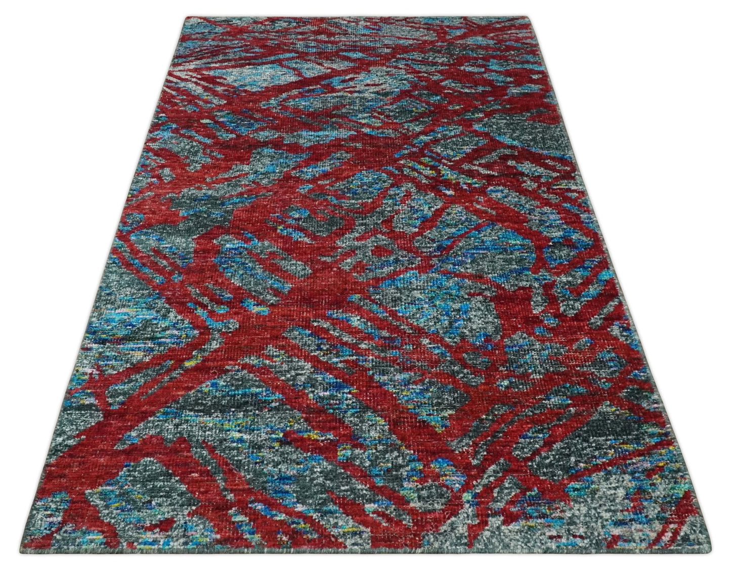 5x8 Hand Knotted Maroon, Gray and Blue Modern Abstract Contemporary Recycled Silk Area Rug | OP128