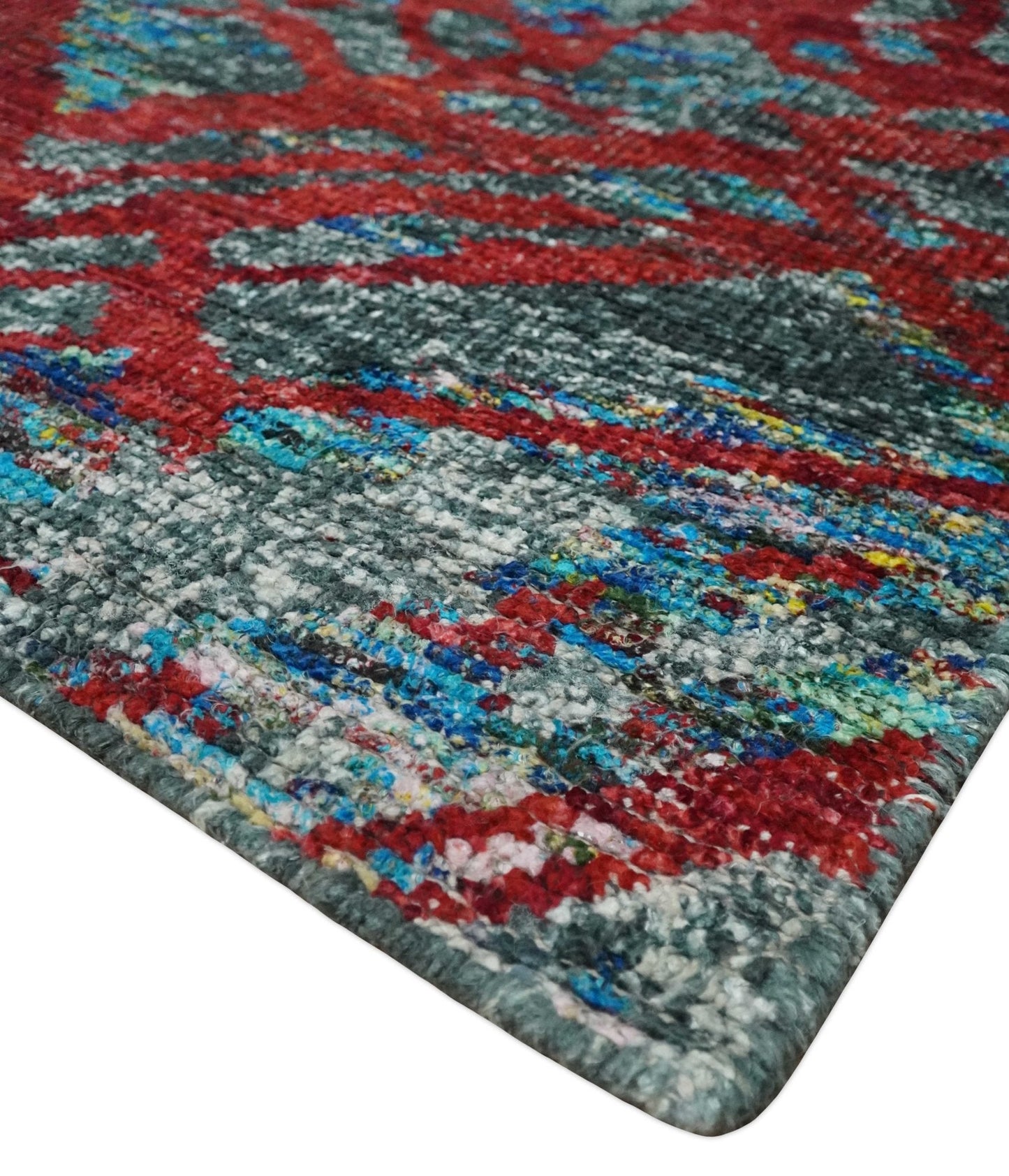 5x8 Hand Knotted Maroon, Gray and Blue Modern Abstract Contemporary Recycled Silk Area Rug | OP128