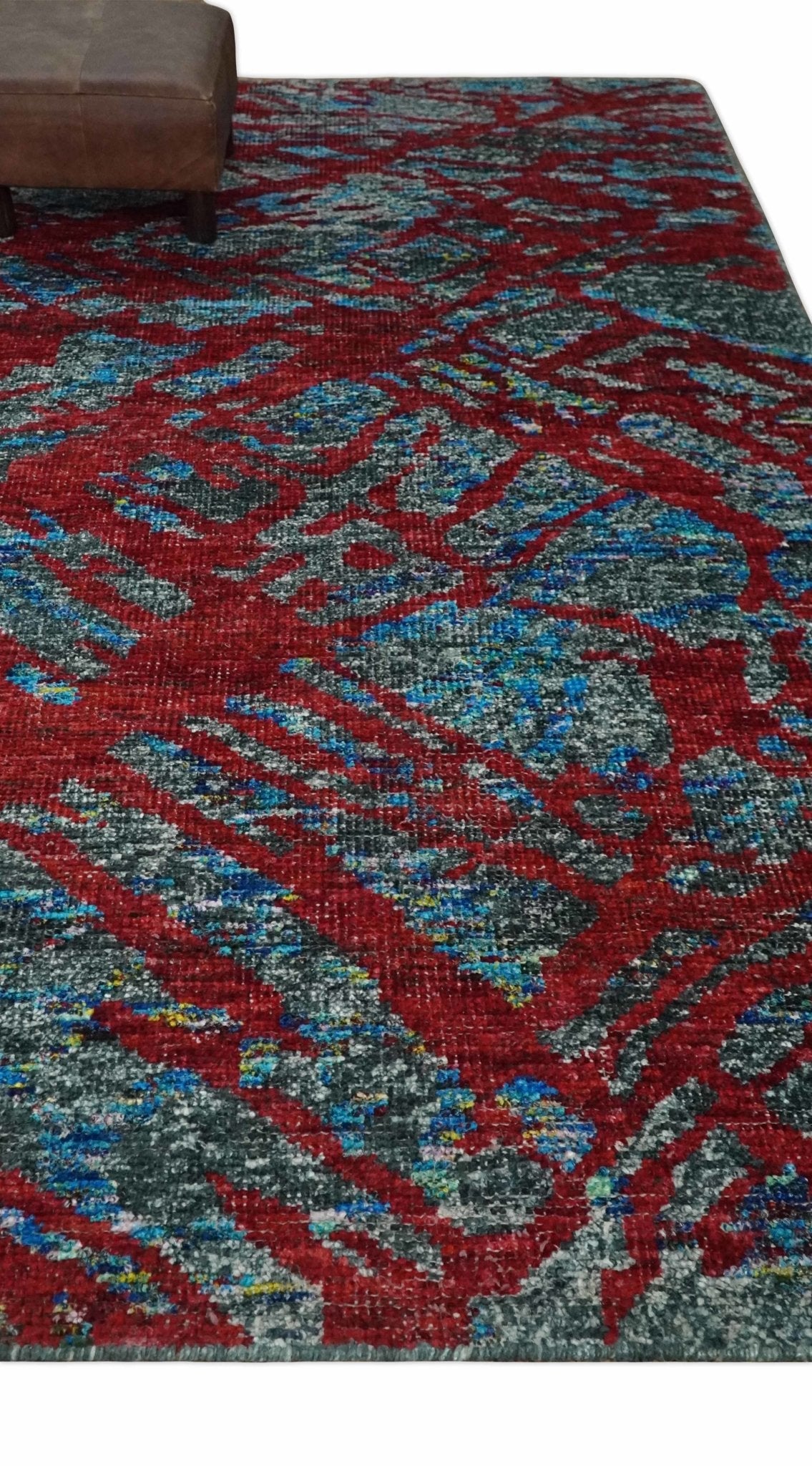 5x8 Hand Knotted Maroon, Gray and Blue Modern Abstract Contemporary Recycled Silk Area Rug | OP128