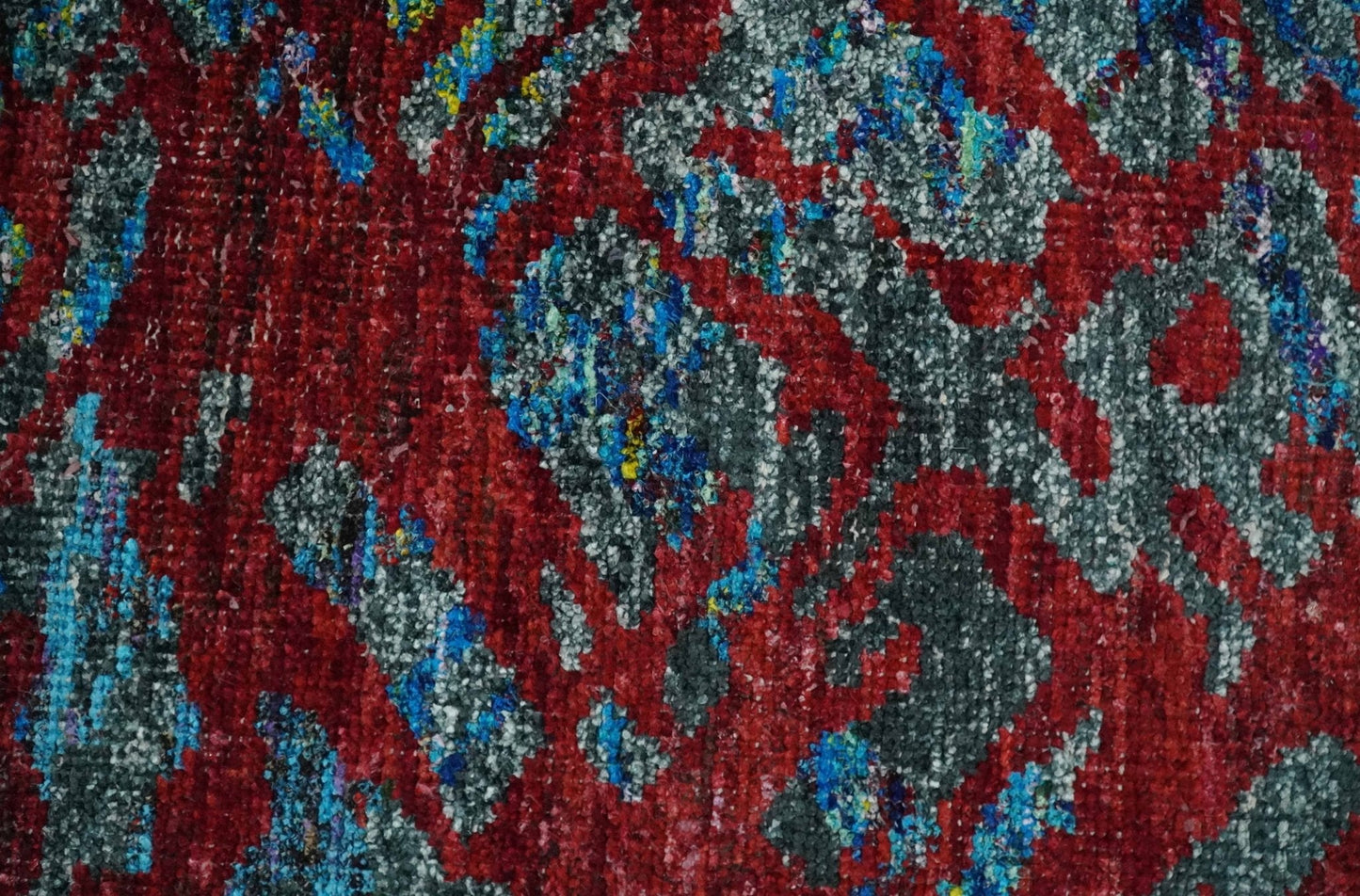 5x8 Hand Knotted Maroon, Gray and Blue Modern Abstract Contemporary Recycled Silk Area Rug | OP128