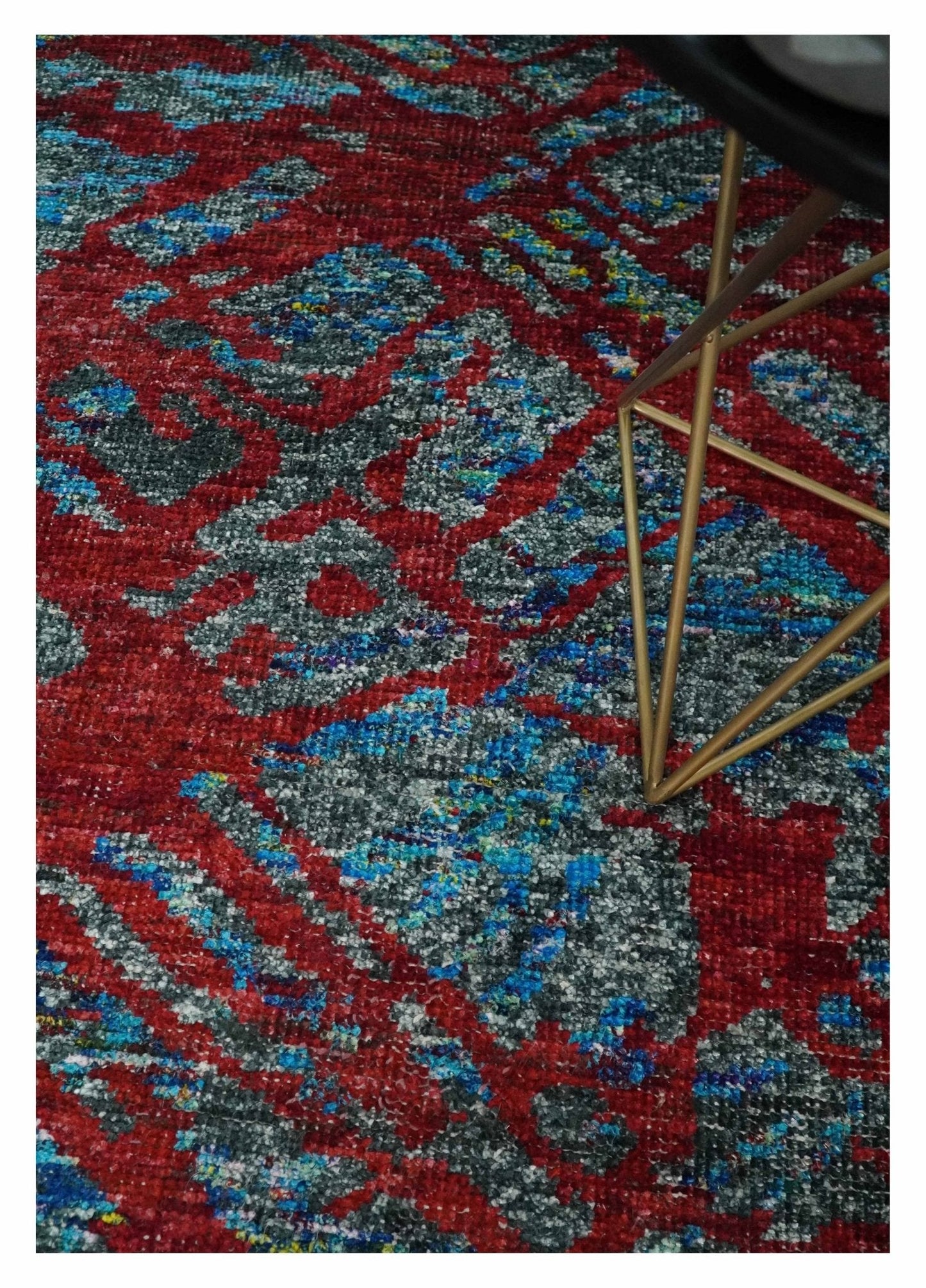 5x8 Hand Knotted Maroon, Gray and Blue Modern Abstract Contemporary Recycled Silk Area Rug | OP128