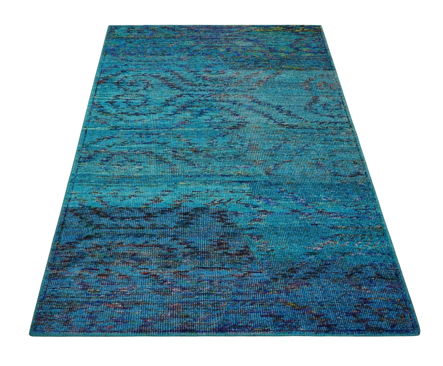 5x8 Hand Knotted Teal Blue and Violet Modern Contemporary Southwestern Tribal Trellis Recycled Silk Area Rug | OP112