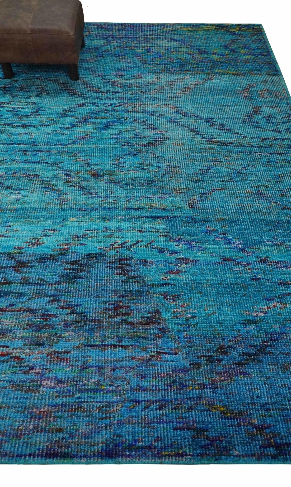 5x8 Hand Knotted Teal Blue and Violet Modern Contemporary Southwestern Tribal Trellis Recycled Silk Area Rug | OP112