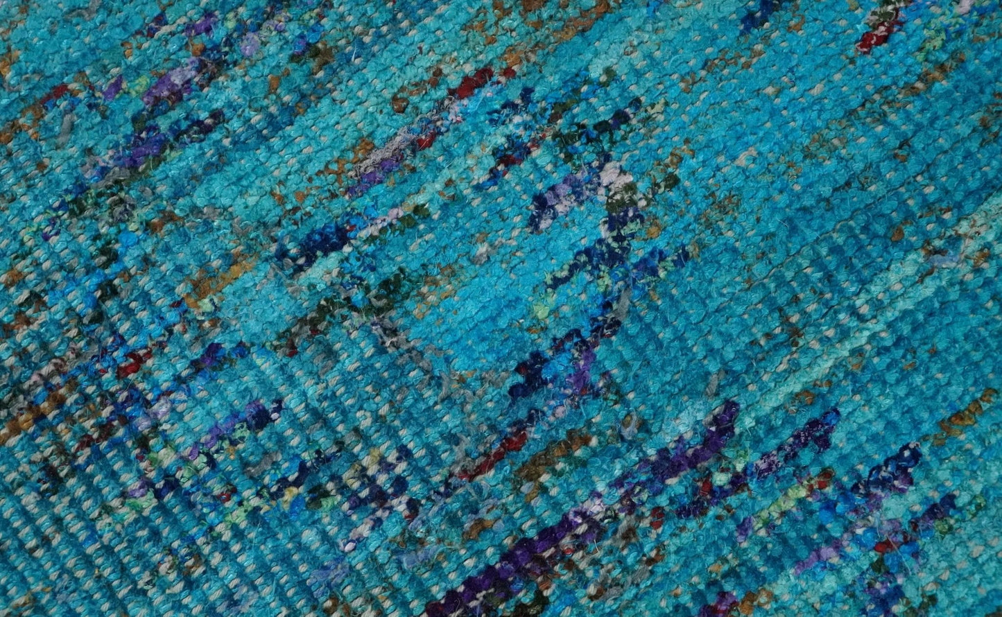 5x8 Hand Knotted Teal Blue and Violet Modern Contemporary Southwestern Tribal Trellis Recycled Silk Area Rug | OP112