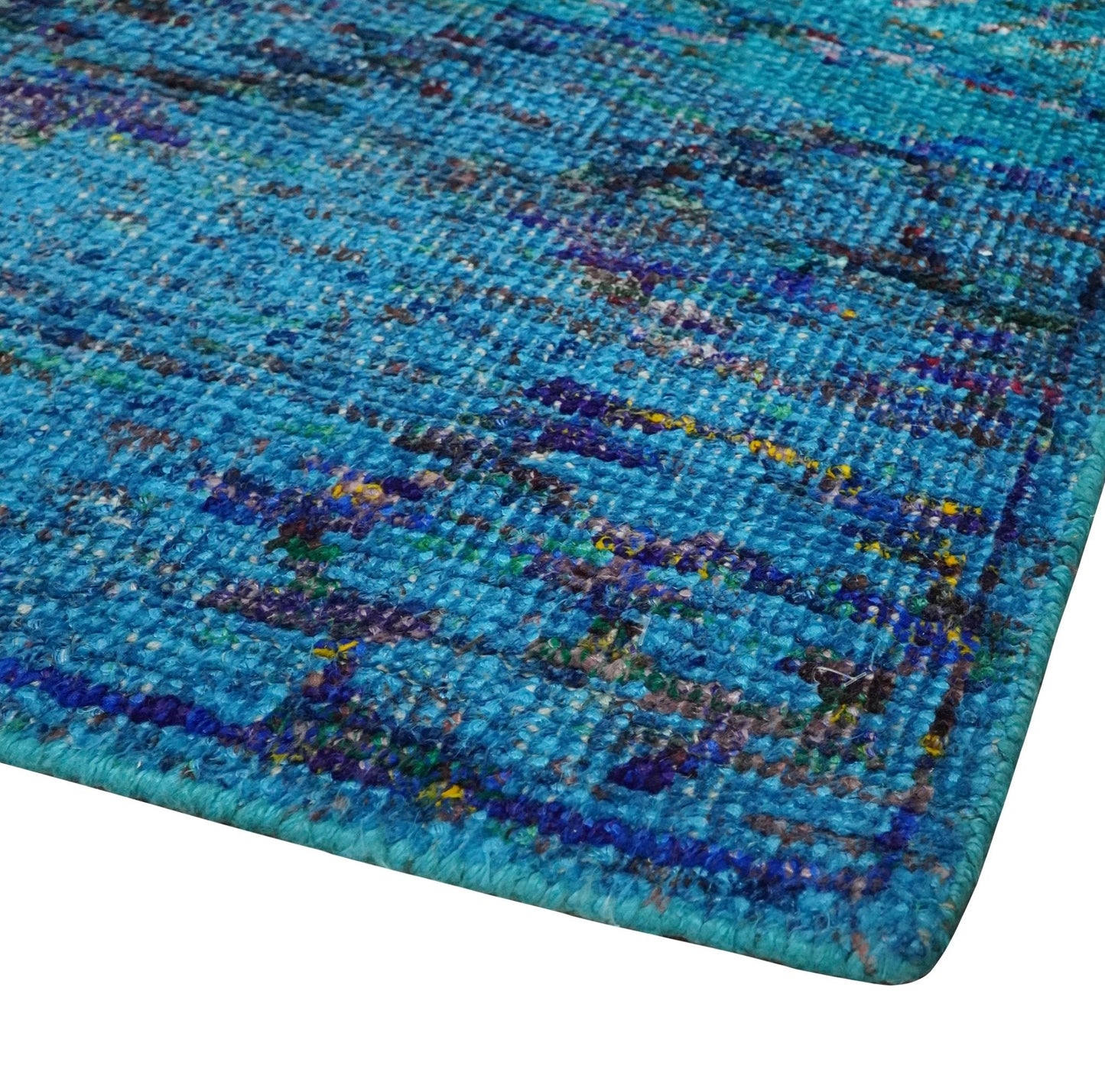 5x8 Hand Knotted Teal Blue and Violet Modern Contemporary Southwestern Tribal Trellis Recycled Silk Area Rug | OP112