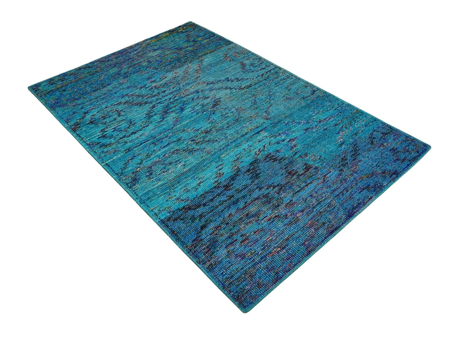 5x8 Hand Knotted Teal Blue and Violet Modern Contemporary Southwestern Tribal Trellis Recycled Silk Area Rug | OP112