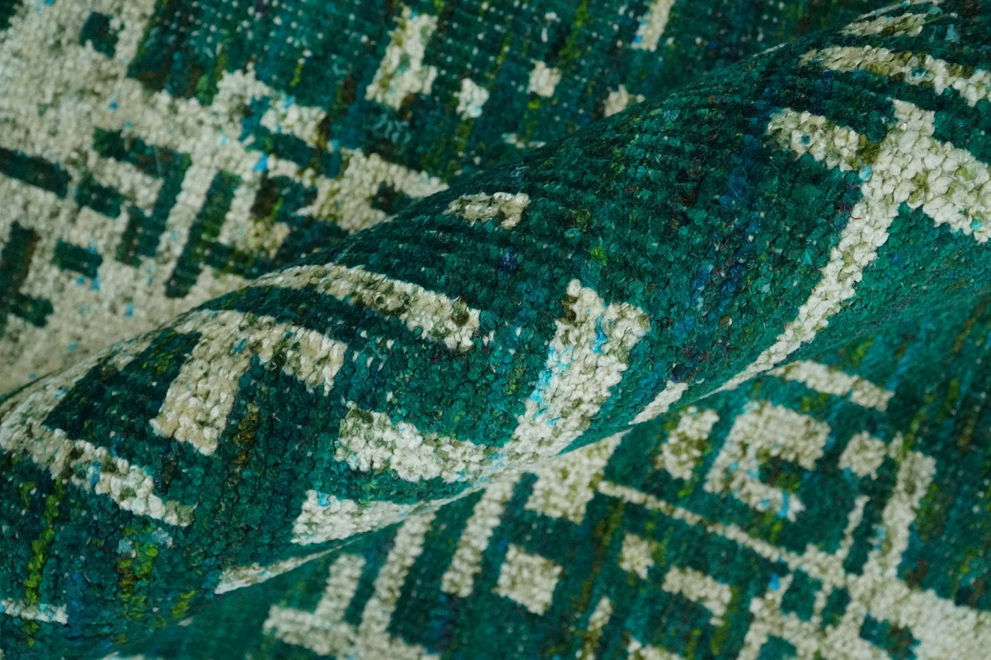 5.6x8 Hand Knotted Teal Green, Olive and Beige Modern Abstract Contemporary Recycled Silk Area Rug | OP130