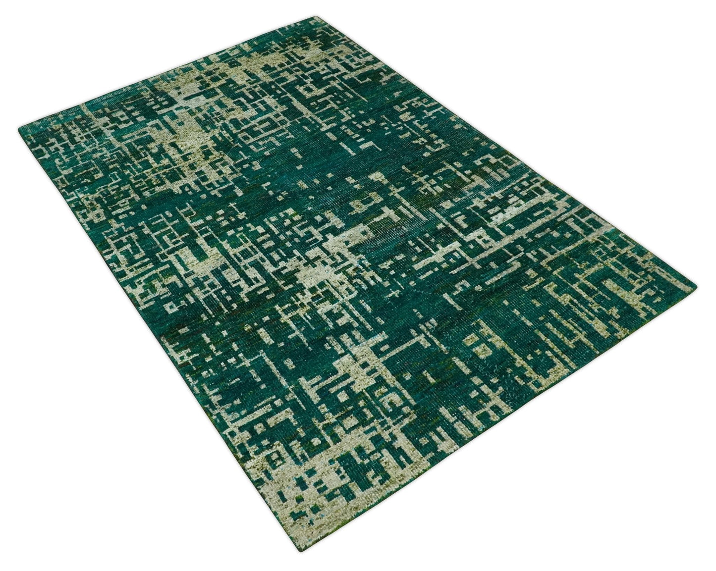 5.6x8 Hand Knotted Teal Green, Olive and Beige Modern Abstract Contemporary Recycled Silk Area Rug | OP130