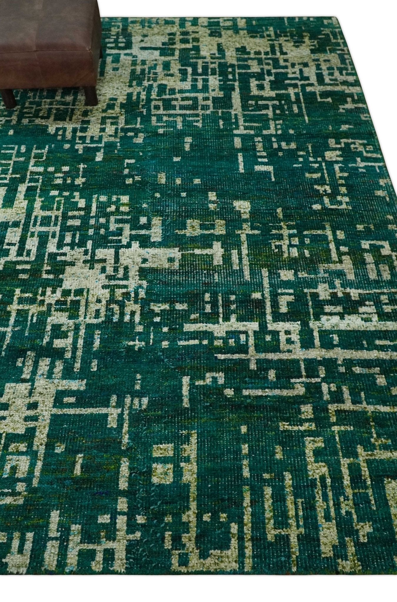 5.6x8 Hand Knotted Teal Green, Olive and Beige Modern Abstract Contemporary Recycled Silk Area Rug | OP130