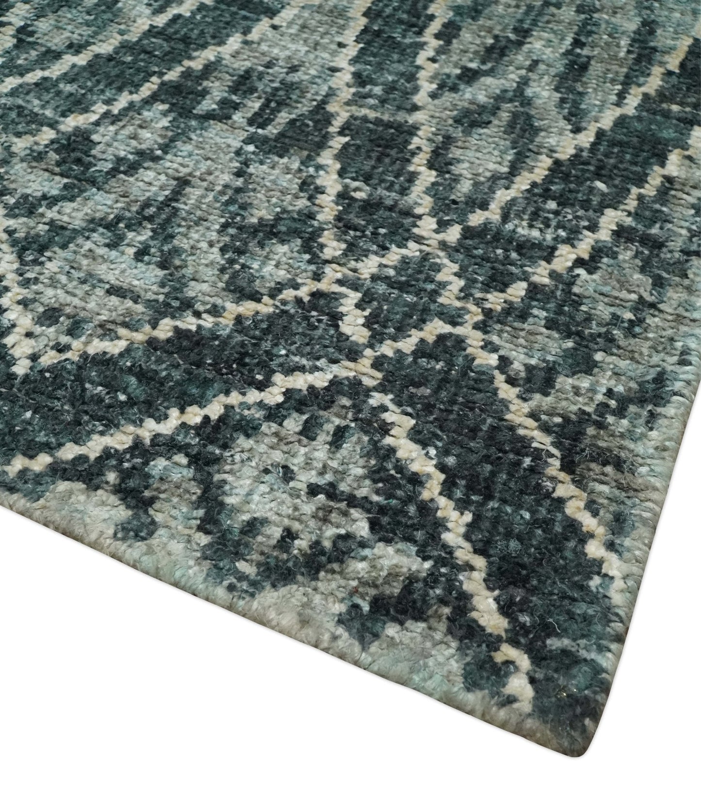 5x8 Hand Knotted Teal, Ivory and Blue Modern Style Contemporary Recycled Silk Area Rug | OP109