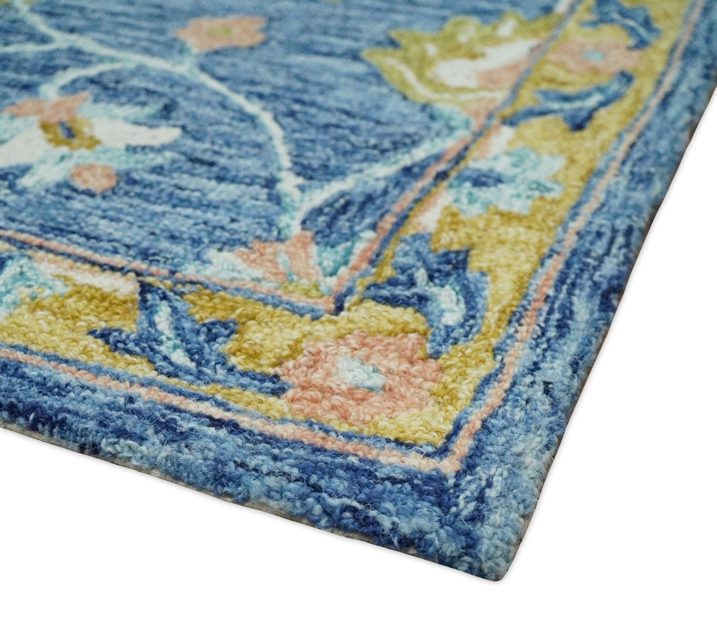 5x8 Hand Tufted Blue and Beige Floral Pattern Multi Size Wool Area Rug