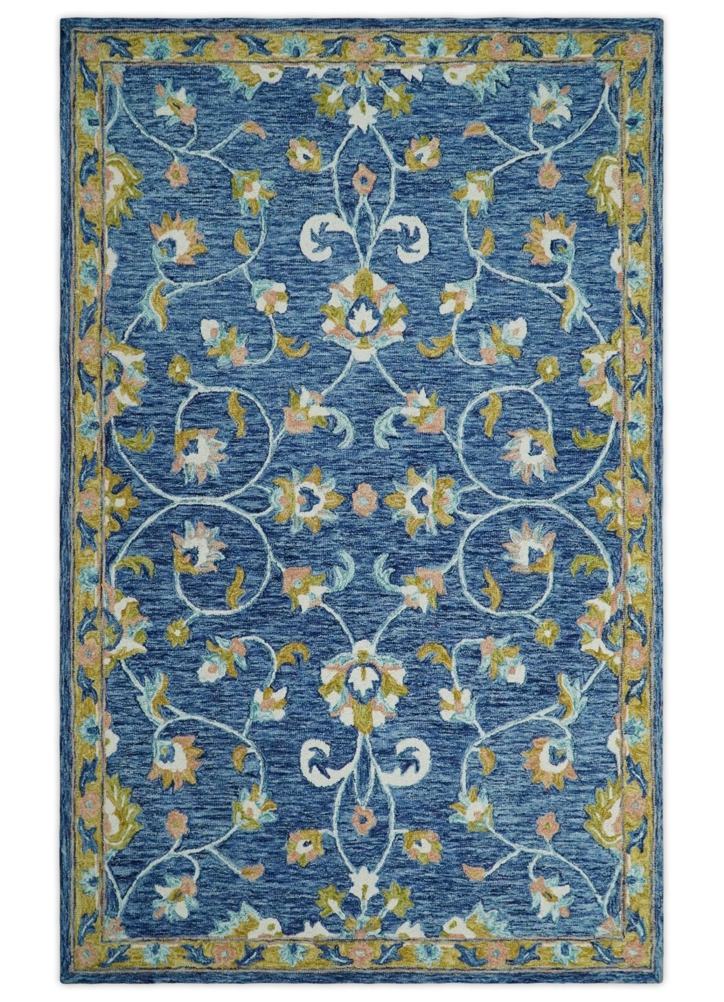 5x8 Hand Tufted Blue and Beige Floral Pattern Multi Size Wool Area Rug