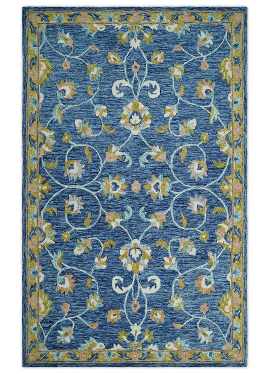 5x8 Hand Tufted Blue and Beige Floral Pattern Multi Size Wool Area Rug