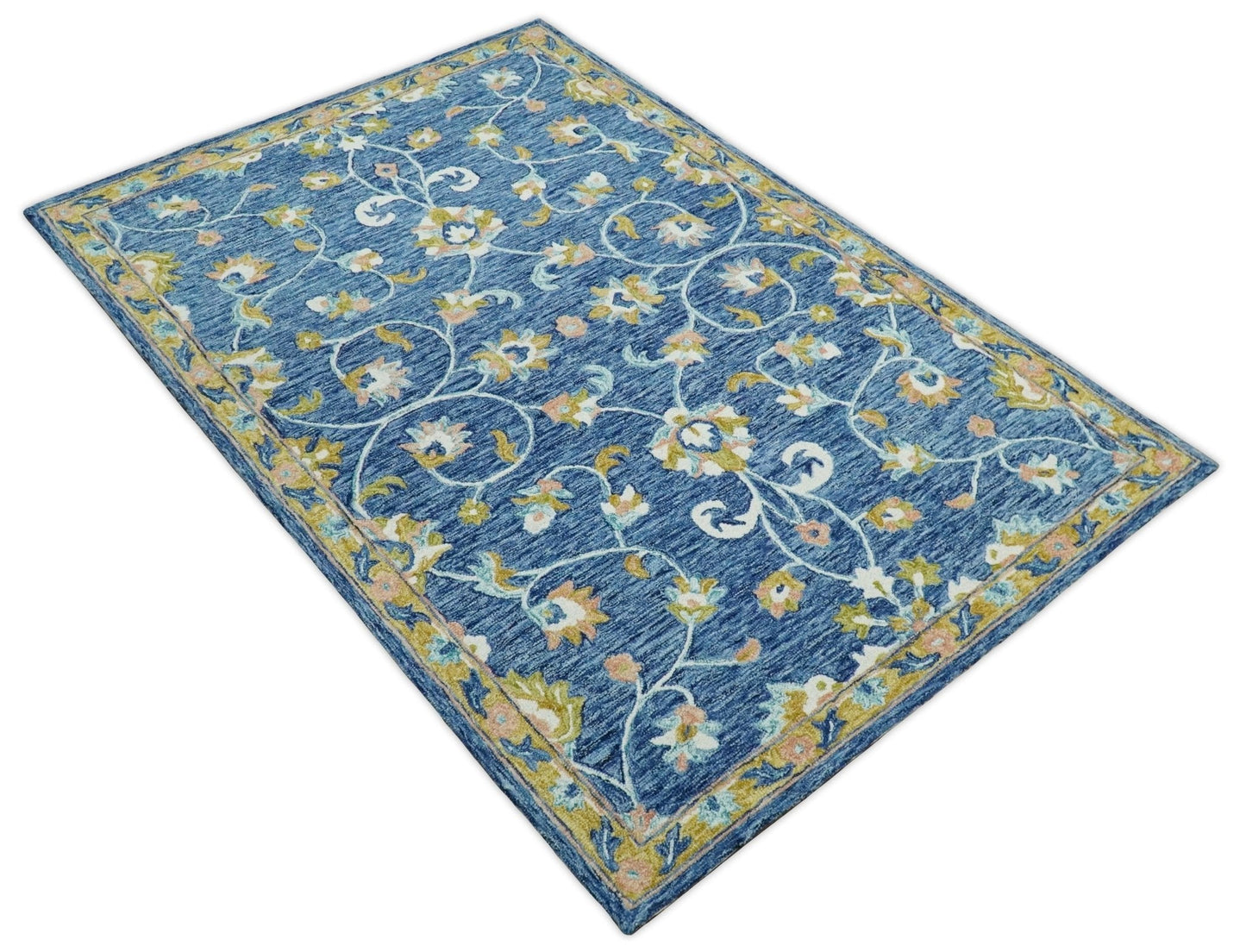 5x8 Hand Tufted Blue and Beige Floral Pattern Multi Size Wool Area Rug